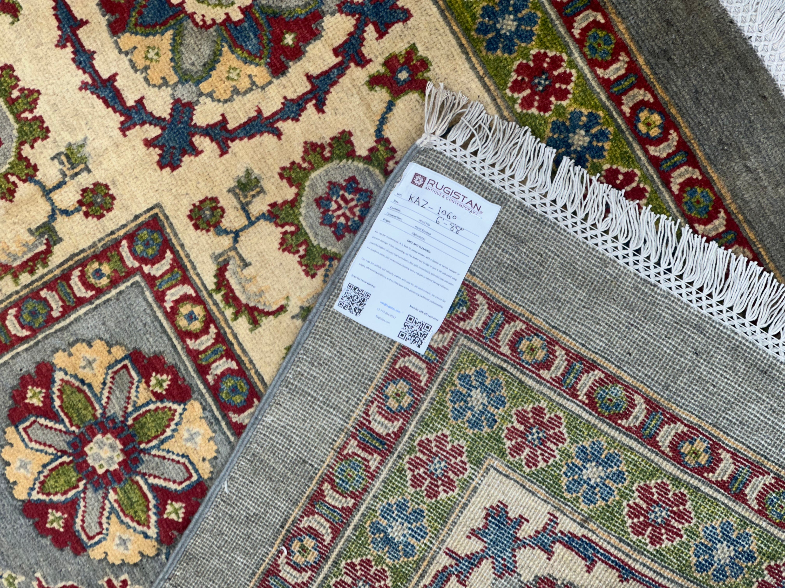 Afghan Kazak Rug 6' x 8'8", Hand-Knotted Wool, Cream, Red & Gray, view 5