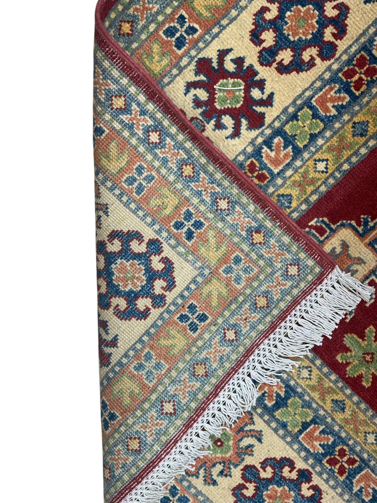 Afghan Kazak Rug 5'7" x 7'11", Hand-Knotted Wool, Cream, Green & Red, view 4