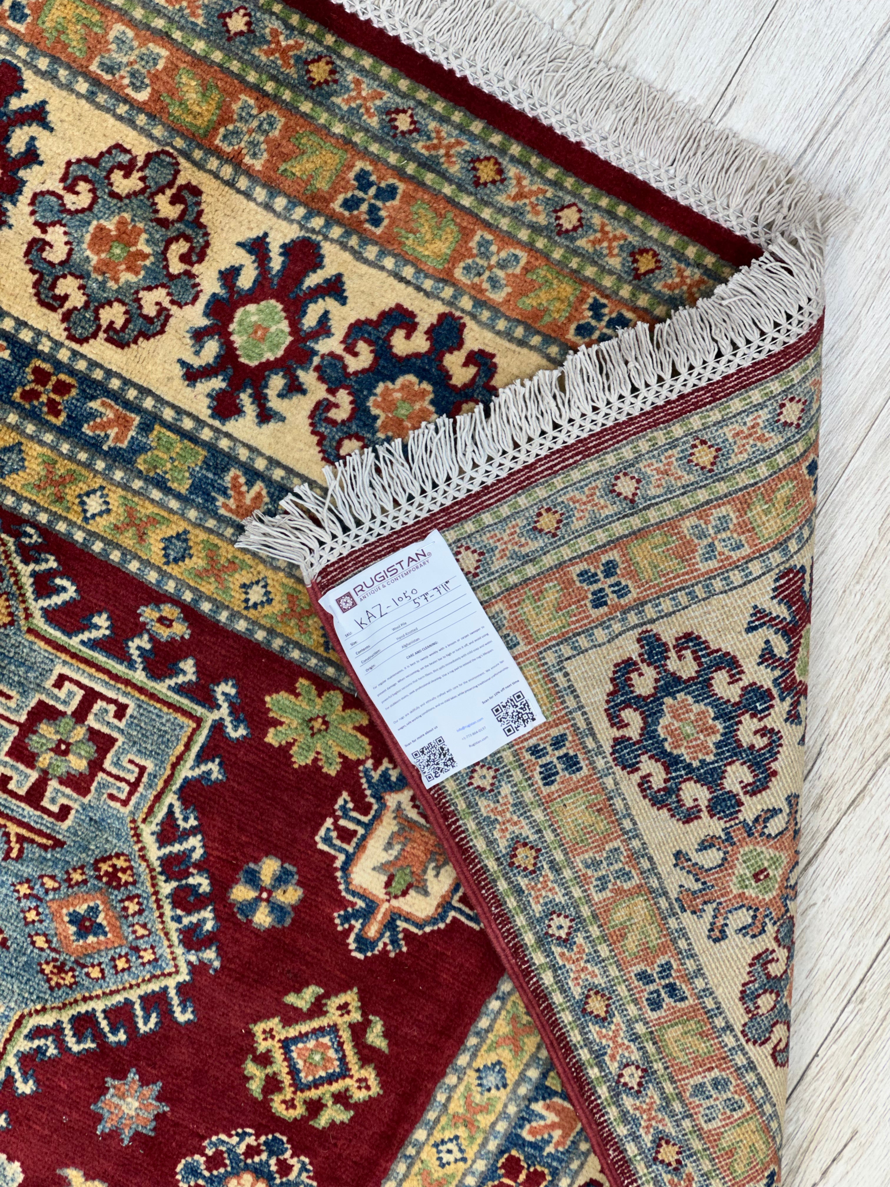 Afghan Kazak Rug 5'7" x 7'11", Hand-Knotted Wool, Cream, Green & Red, view 5