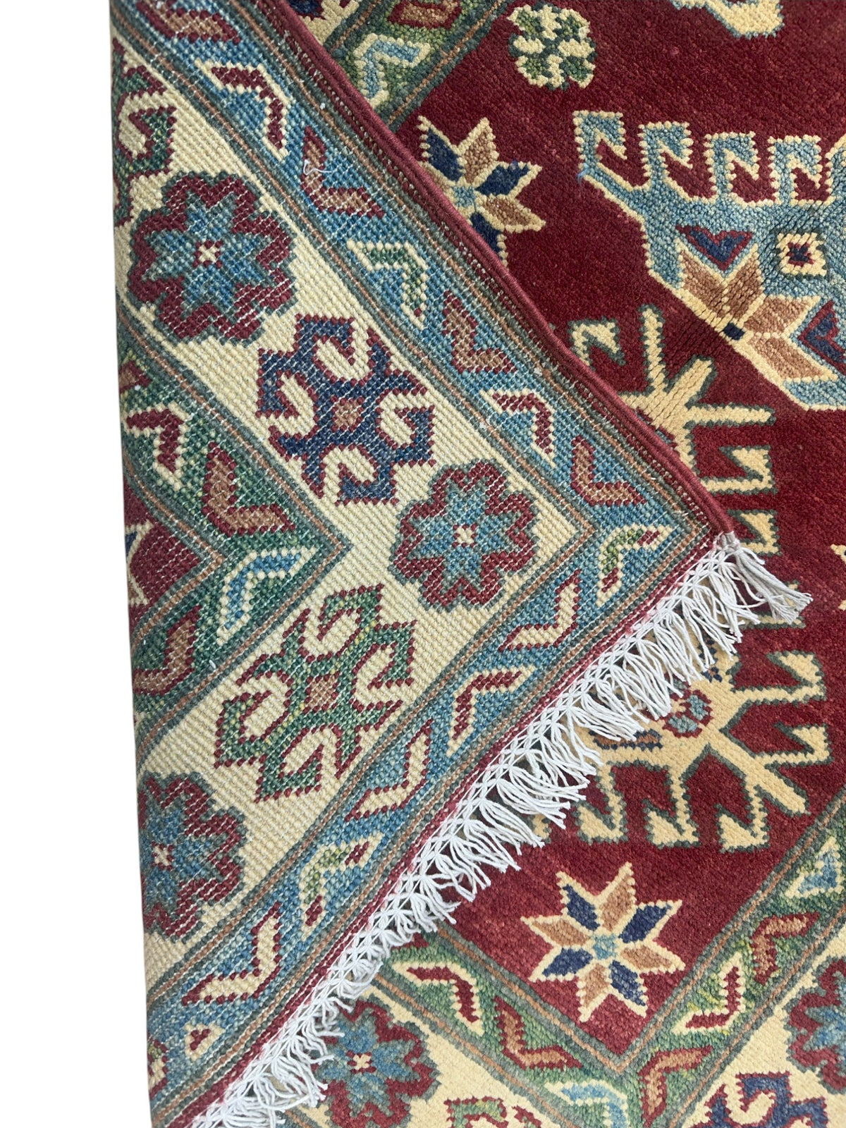 Afghan Kazak Runner 2'8" x 9'7", Hand-Knotted Wool, Blue, Cream & Red, view 4