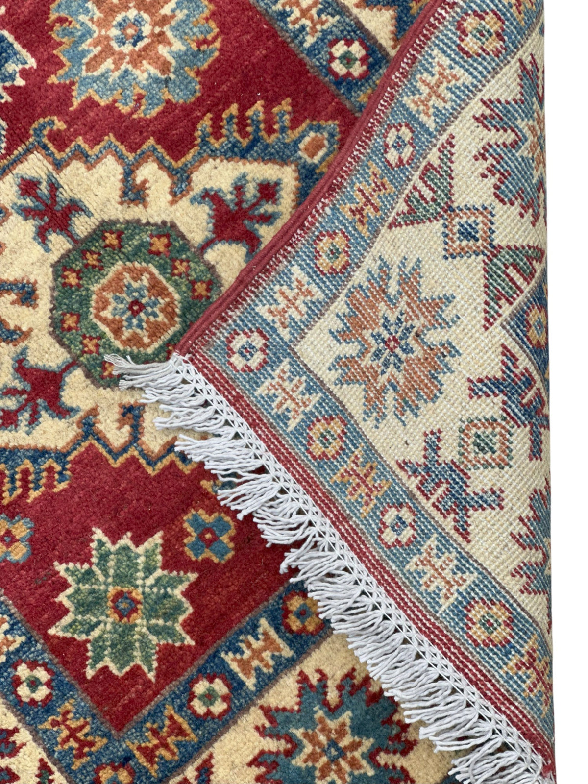 Afghan Kazak Runner 2'8" x 9'11", Hand-Knotted Wool, Blue, Cream & Red, view 4