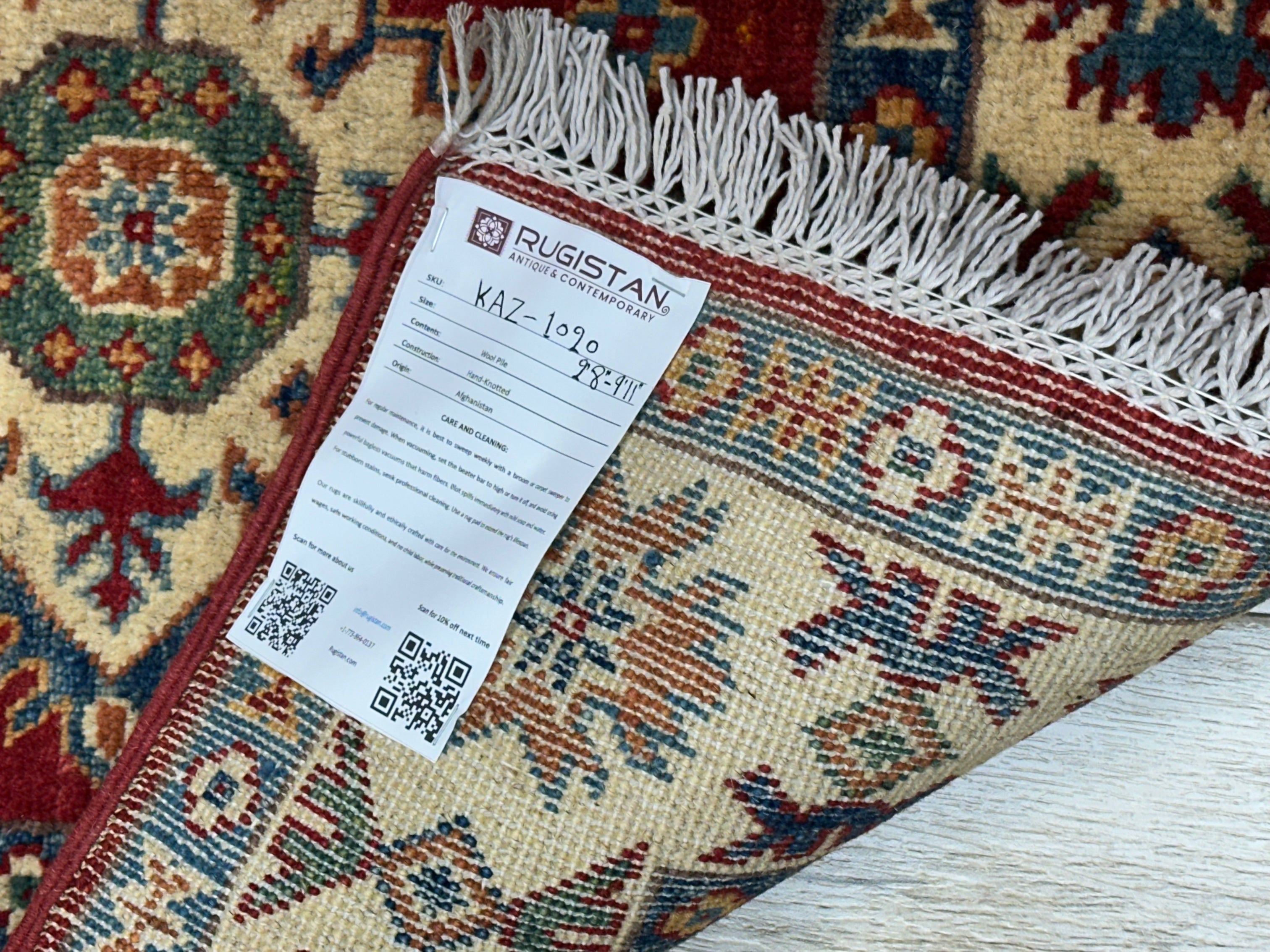 Afghan Kazak Runner 2'8" x 9'11", Hand-Knotted Wool, Blue, Cream & Red, view 5