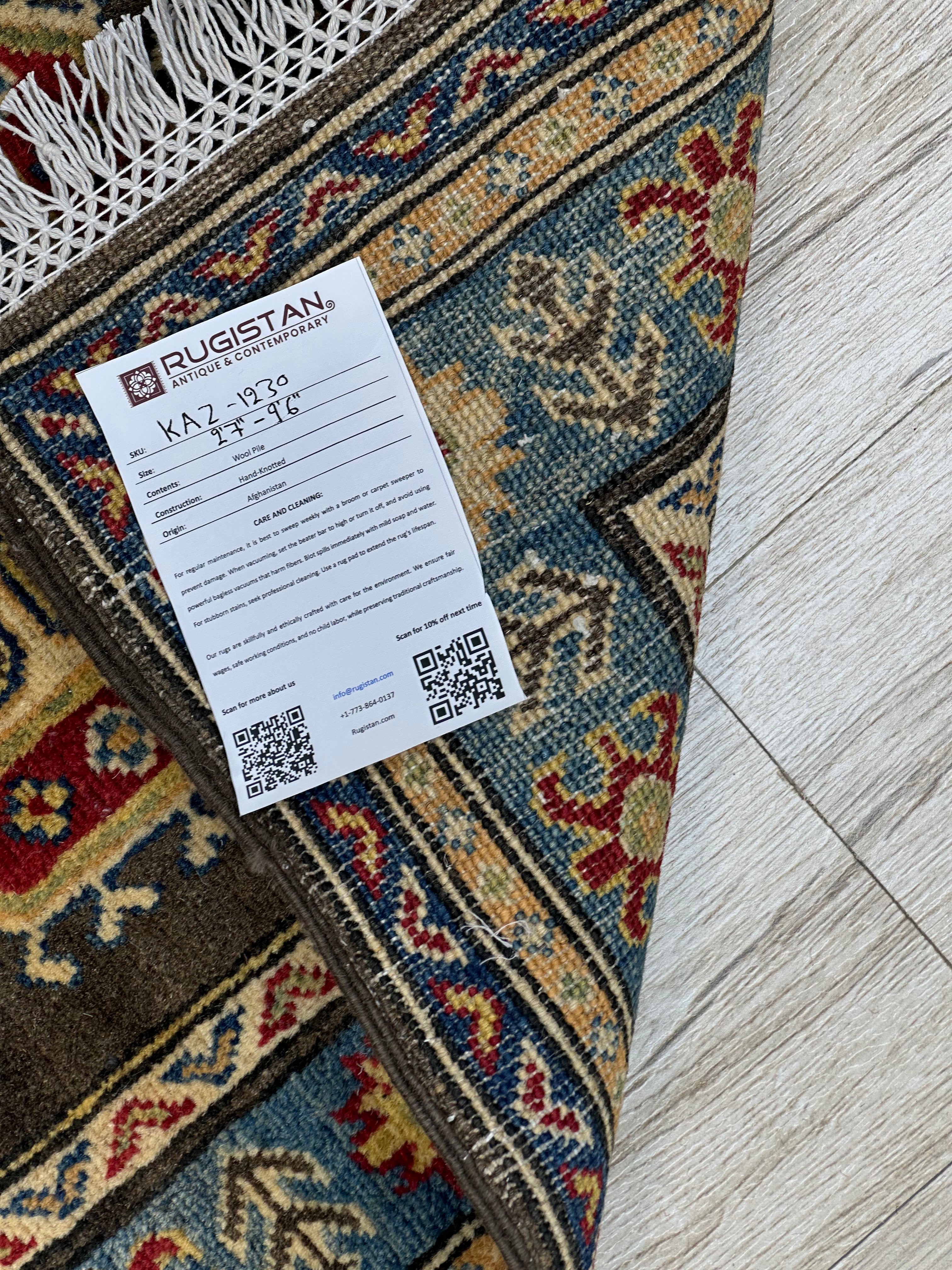 Afghan Kazak Runner 2'7" x 9'5", Hand-Knotted Wool, Blue & Brown, view 3
