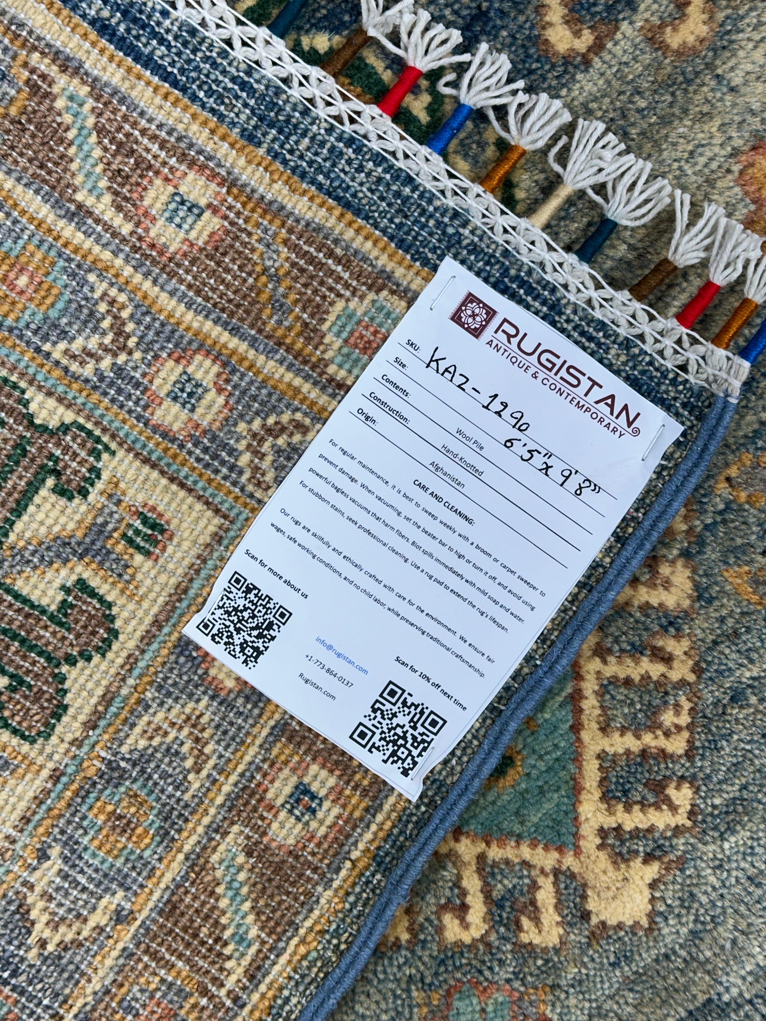 Afghan Kazak Rug 6x10, Light Blue, Ivory & Beige, Hand-Knotted Wool, view 4