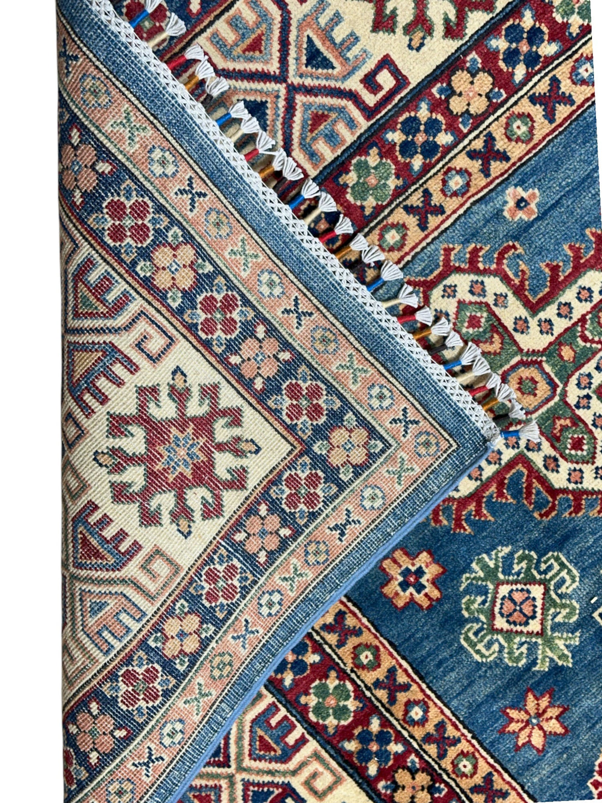 Afghan Kazak Rug 8'2" x 10', Hand-Knotted Wool, Blue & Cream, view 3