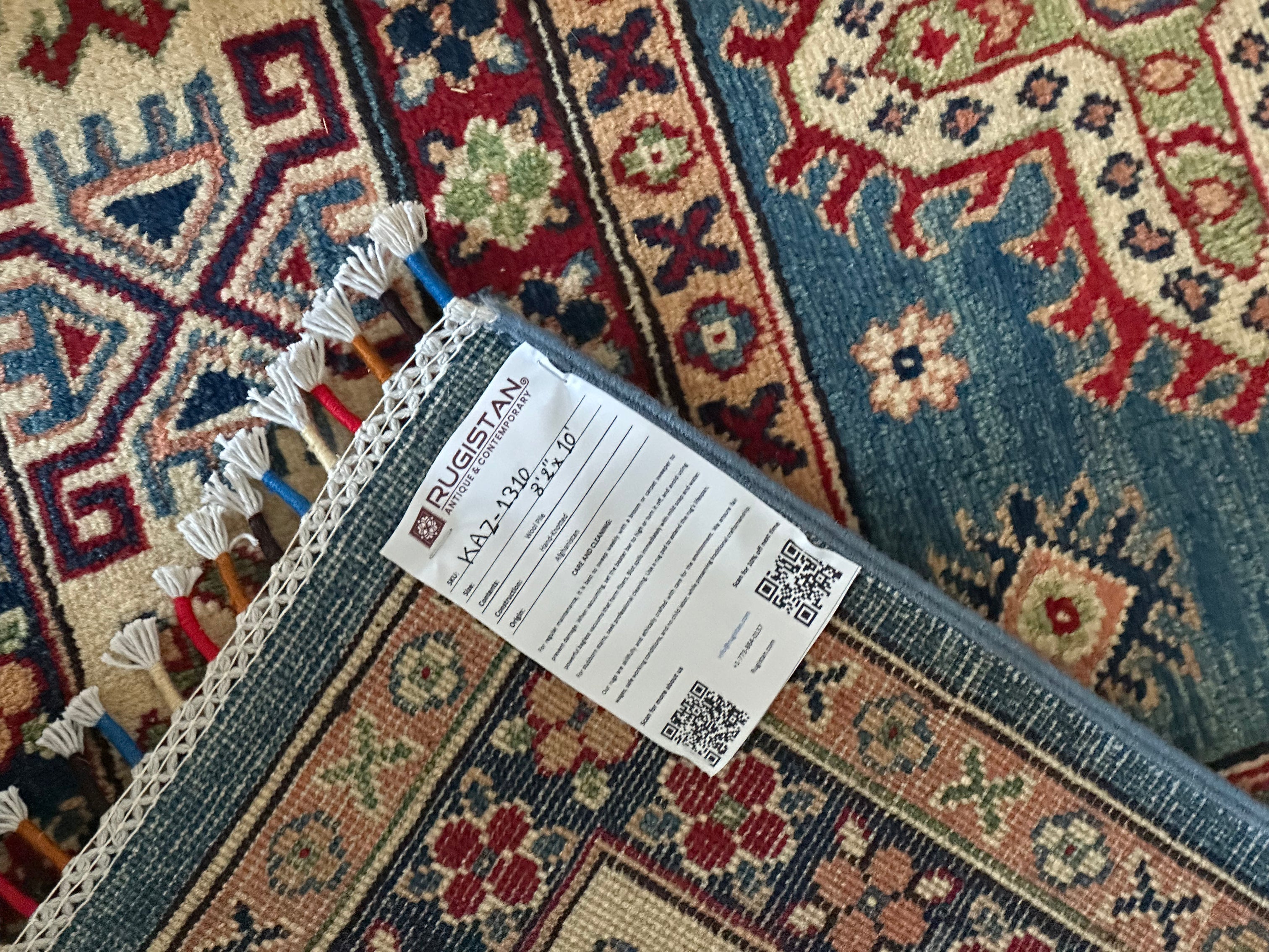 Afghan Kazak Rug 8'2" x 10', Hand-Knotted Wool, Blue & Cream, view 4