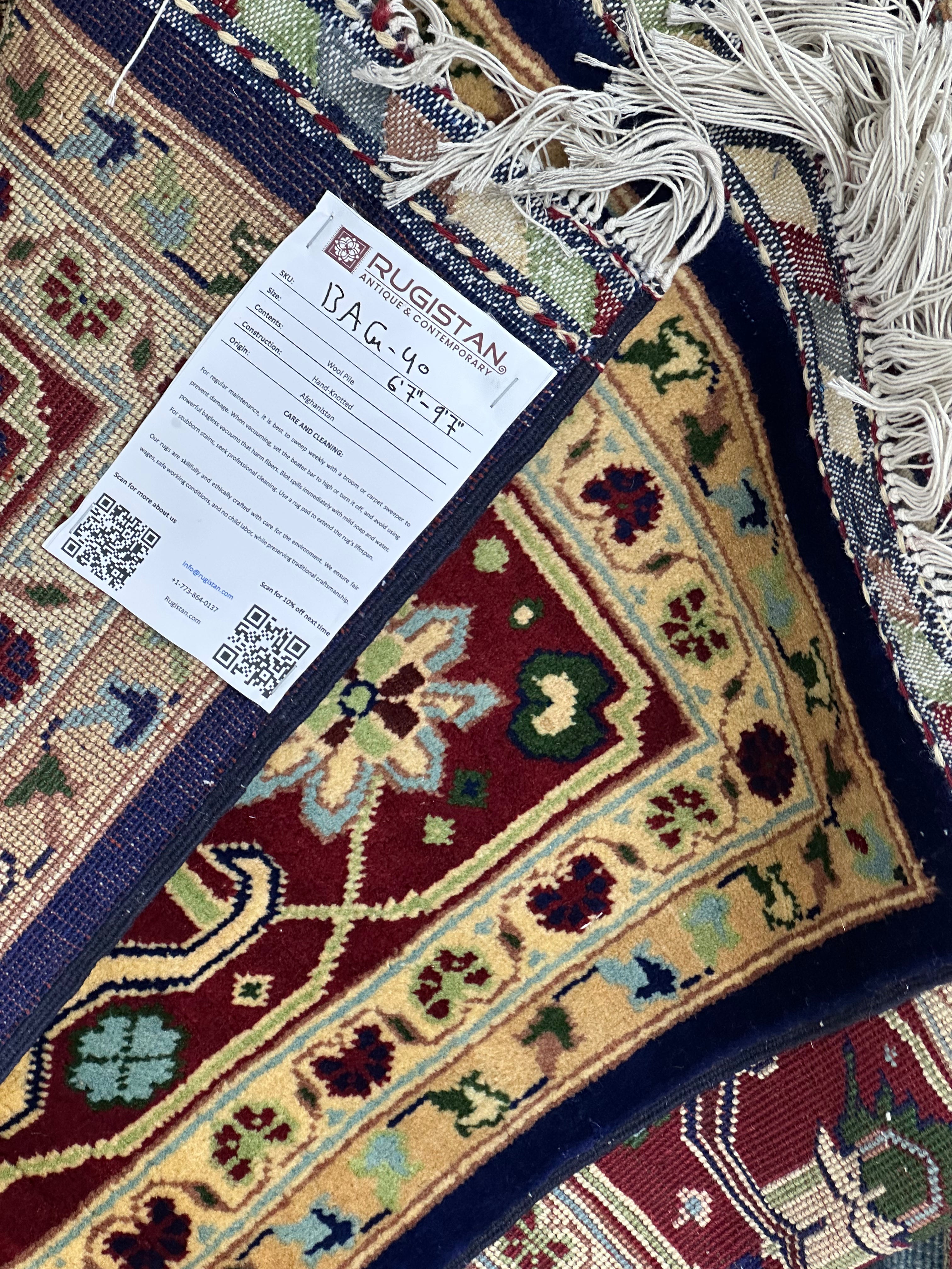 Afghan Rug 7x10, Navy, Burgundy & Beige, Hand-Knotted Wool, view 4
