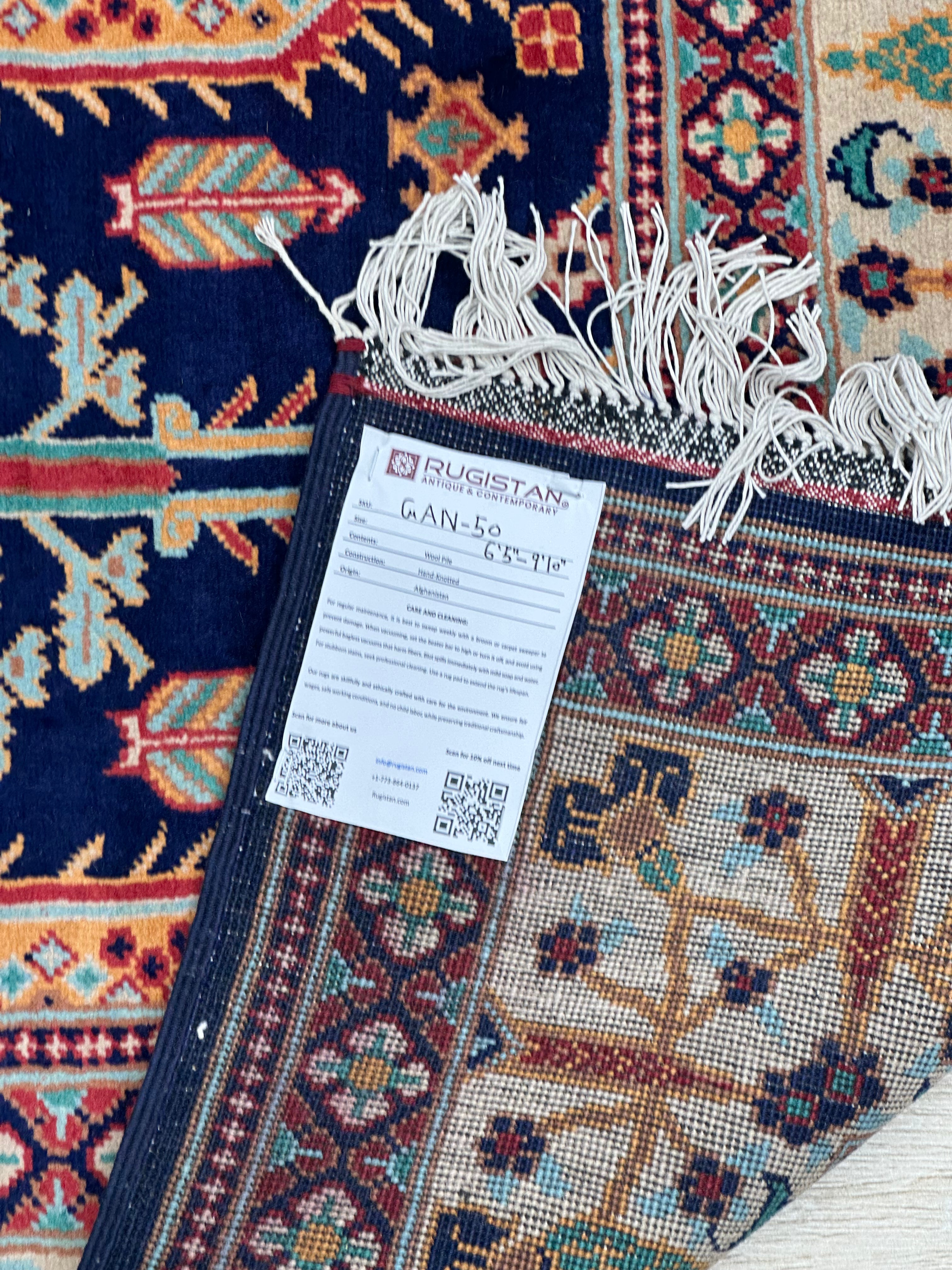 Afghan Rug 6x10, Navy, Ivory & Rust, Hand-Knotted Wool, view 4