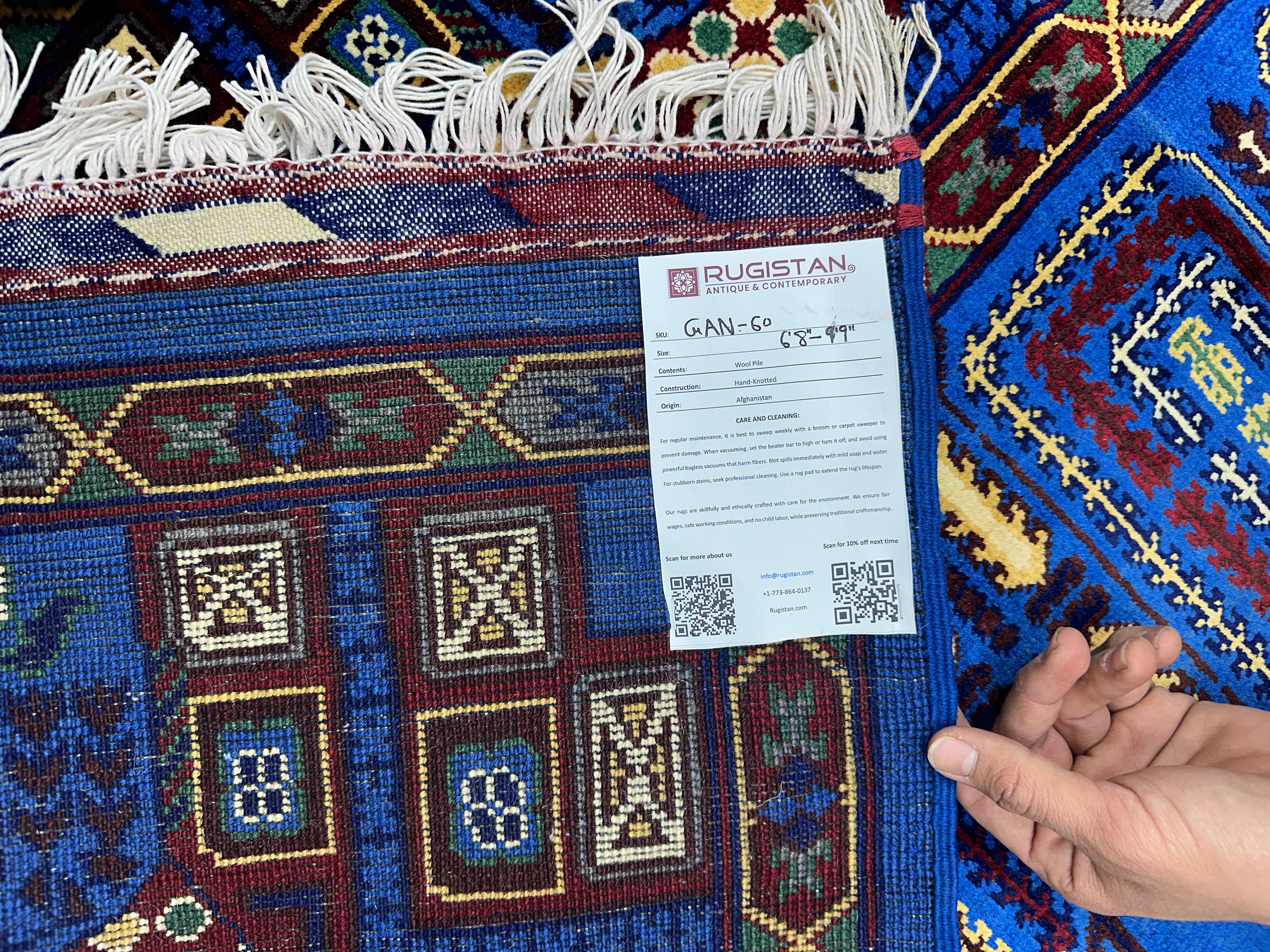 Afghan Gandom Rug 6'8" x 9'9", Hand-Knotted Wool, Blue, Cream & Red, view 4