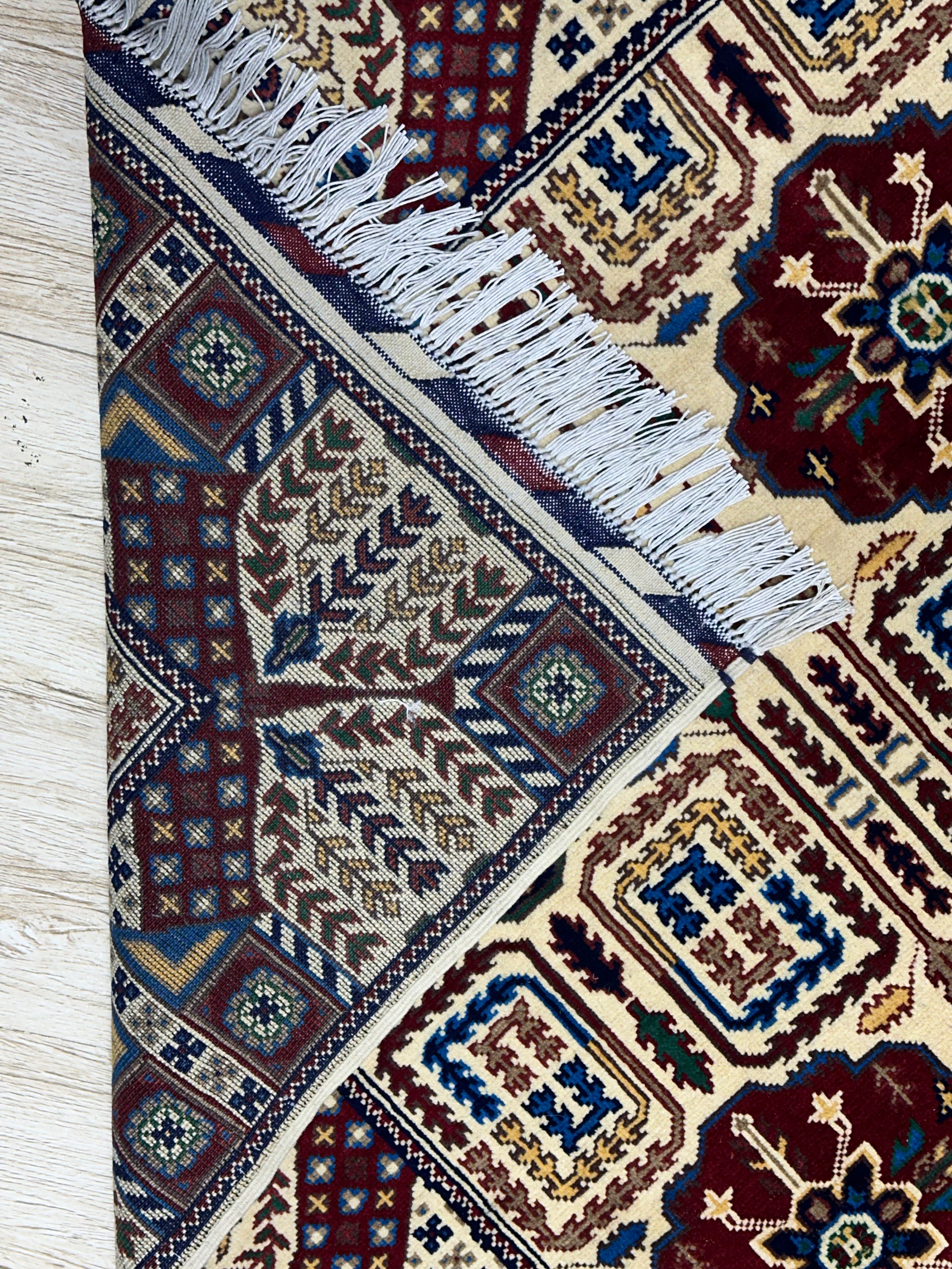Afghan Gandom Rug 4'11" x 6'8", Hand-Knotted Wool, Blue, Cream & Red, view 4