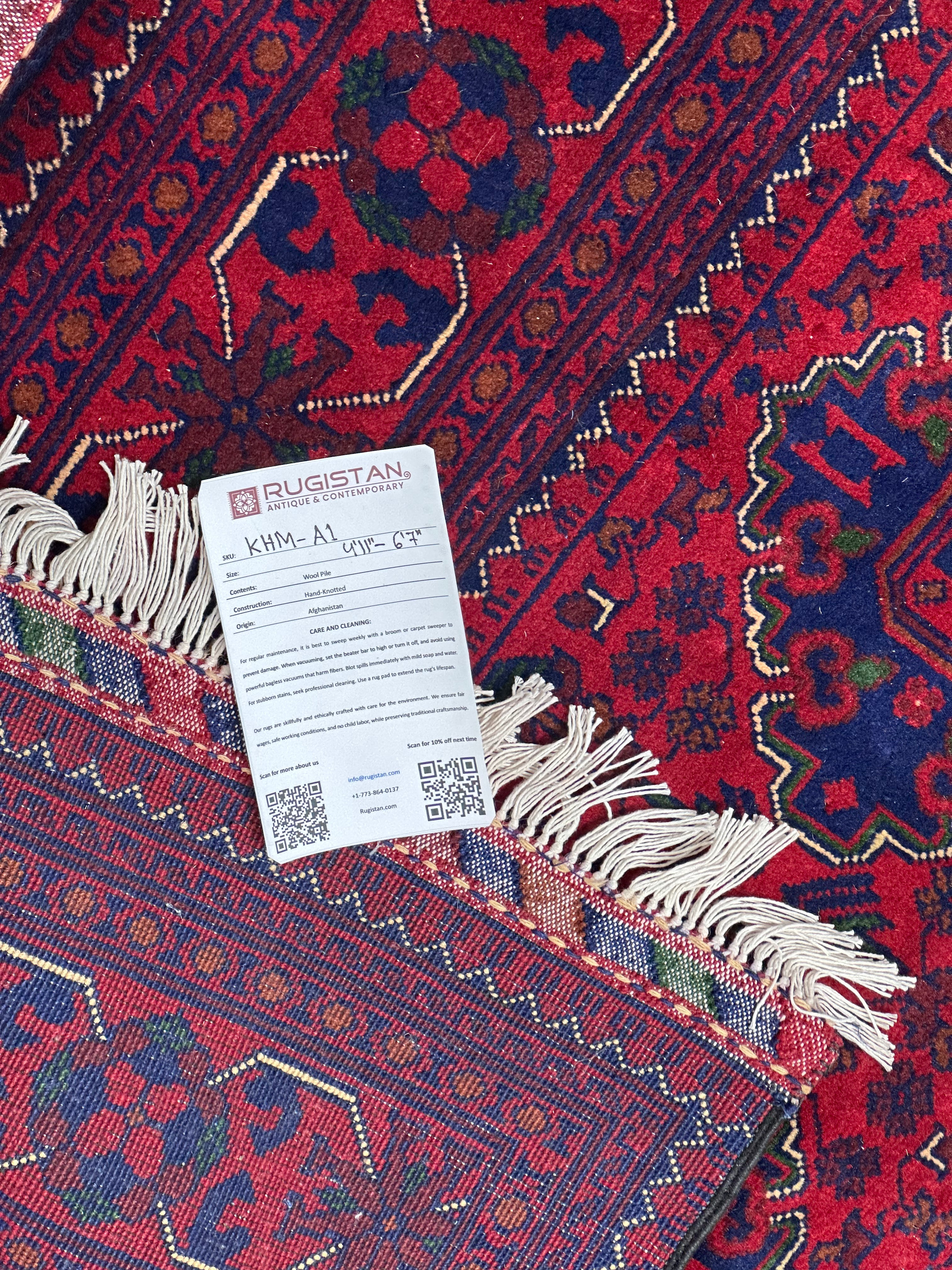 Afghan Khamyab Rug 4'11" x 6'7", Hand-Knotted Wool, Red & Blue, view 5