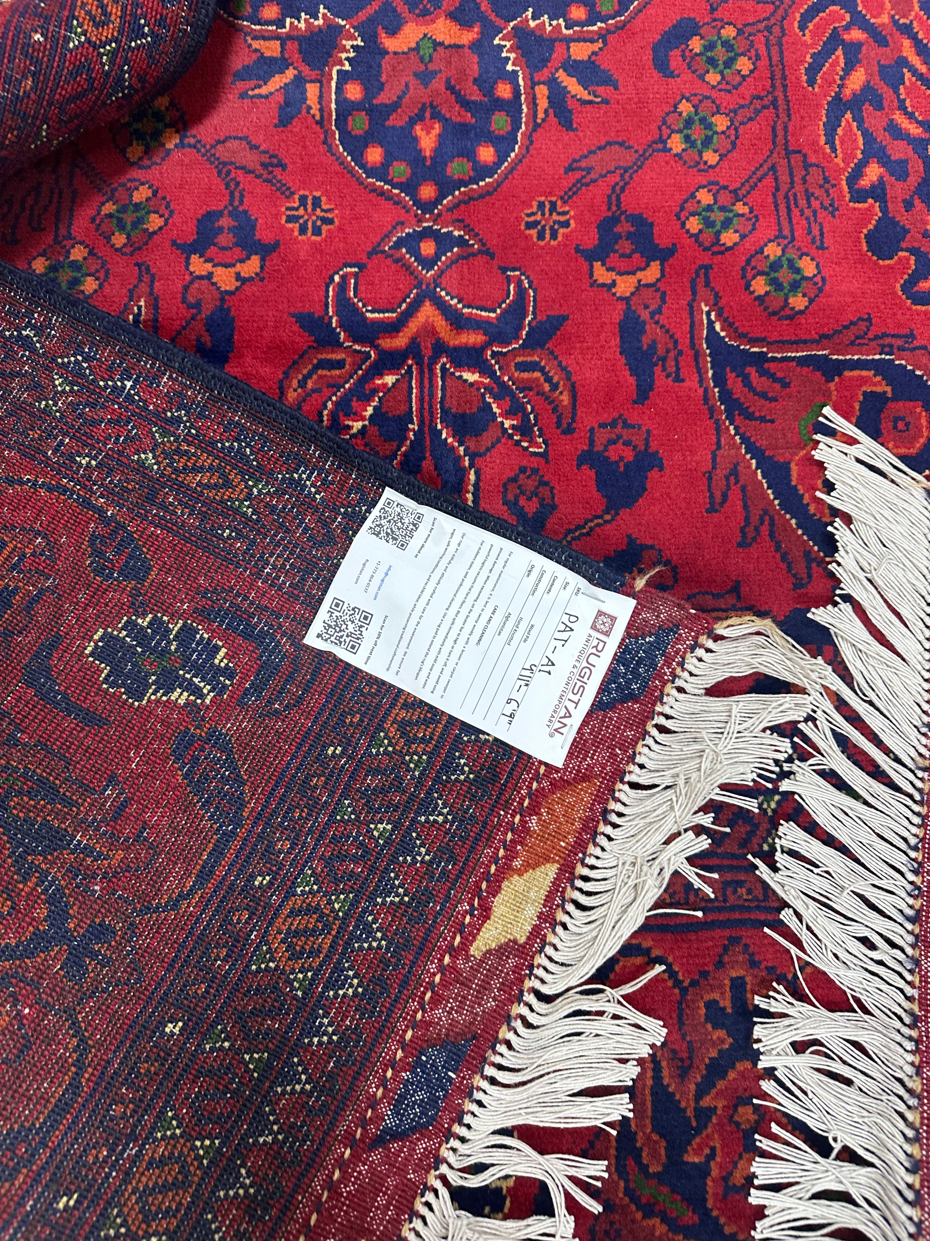 Afghan Medallion Rug 5x7, Red, Navy & Burgundy, Hand-Knotted Wool, view 4