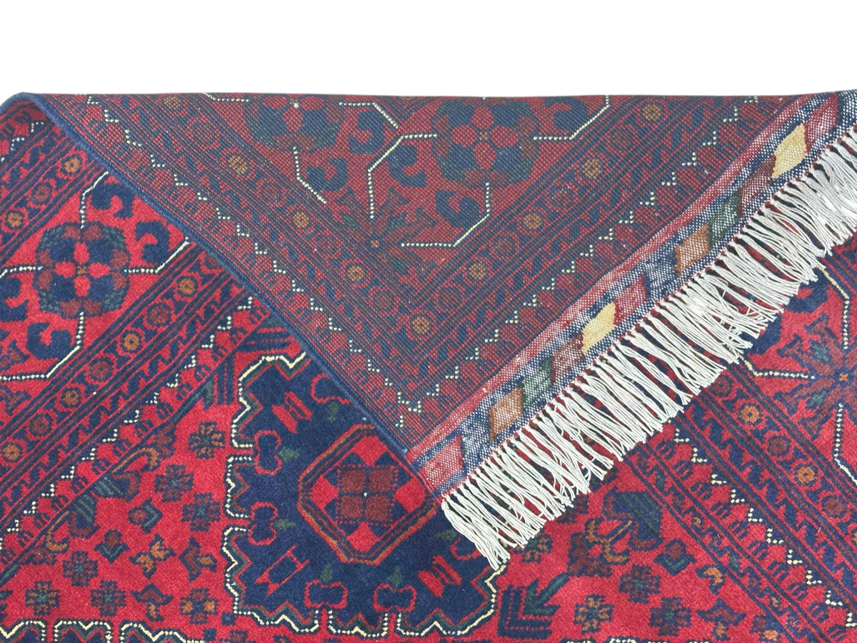 Afghan Khamyab Rug 4'11" x 6'6", Hand-Knotted Wool, Red & Blue, view 3
