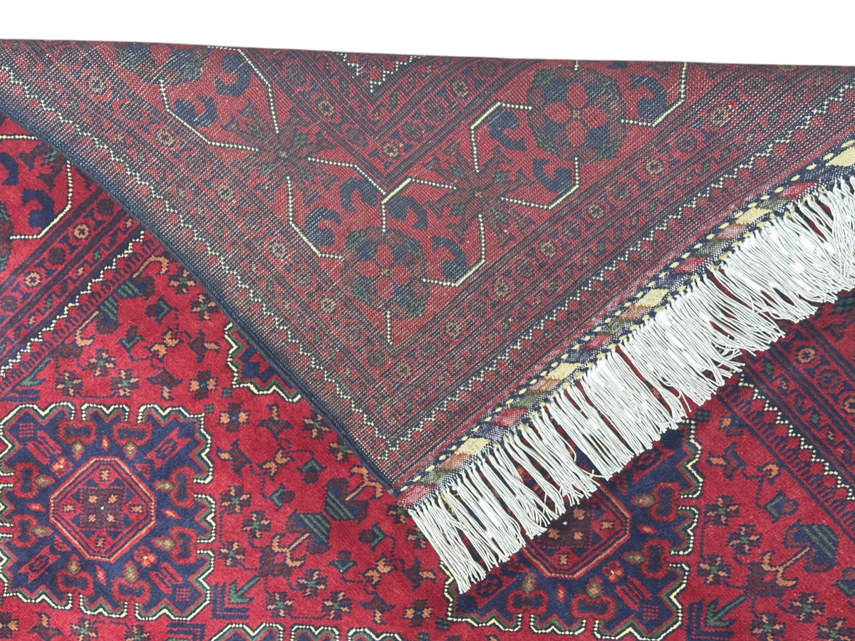 Afghan Khamyab Rug 4'11" x 6'6", Hand-Knotted Wool, Red & Blue, view 3