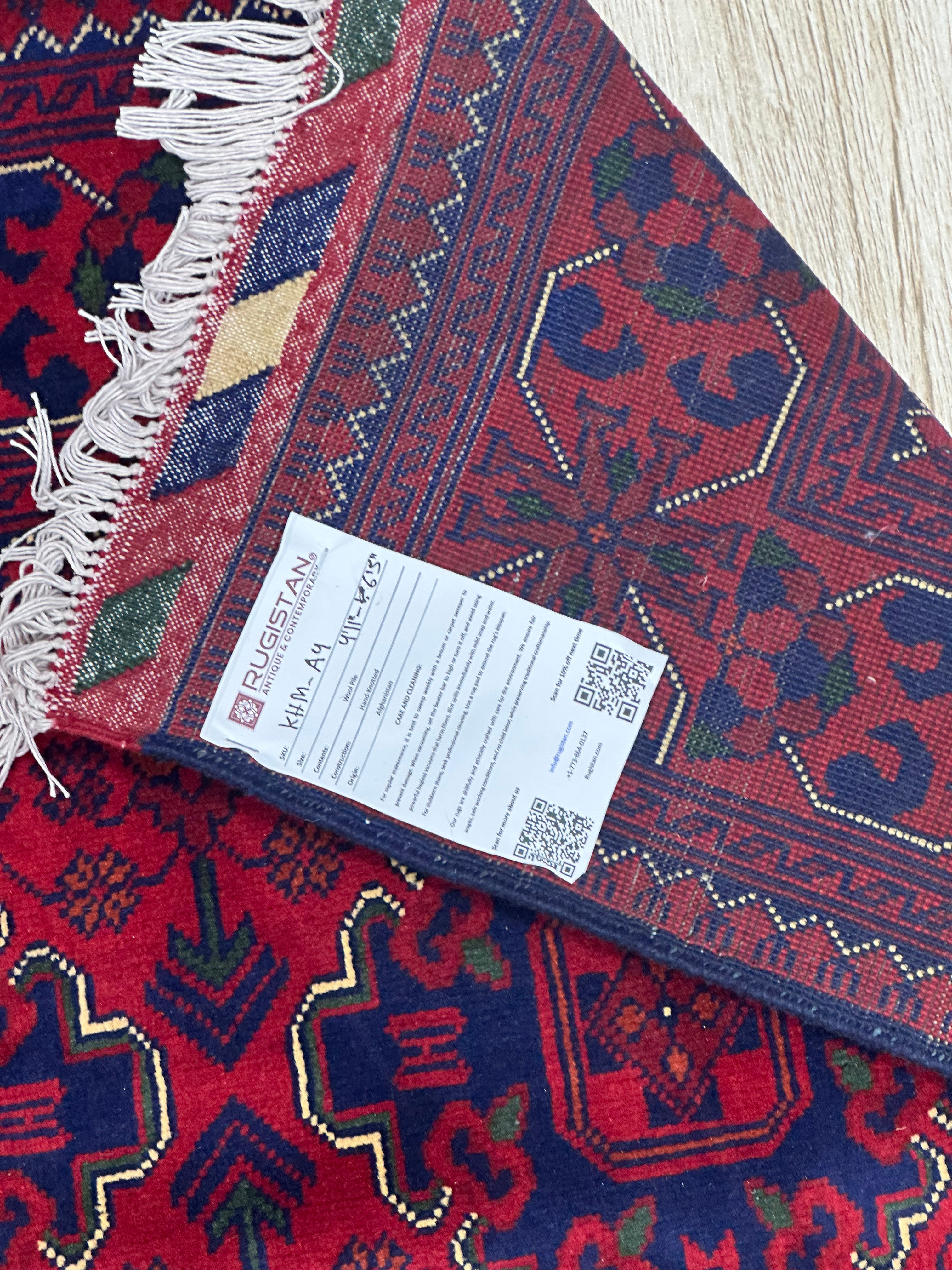 Afghan Khamyab Rug 4'11" x 6'5", Hand-Knotted Wool, Red & Blue, view 4