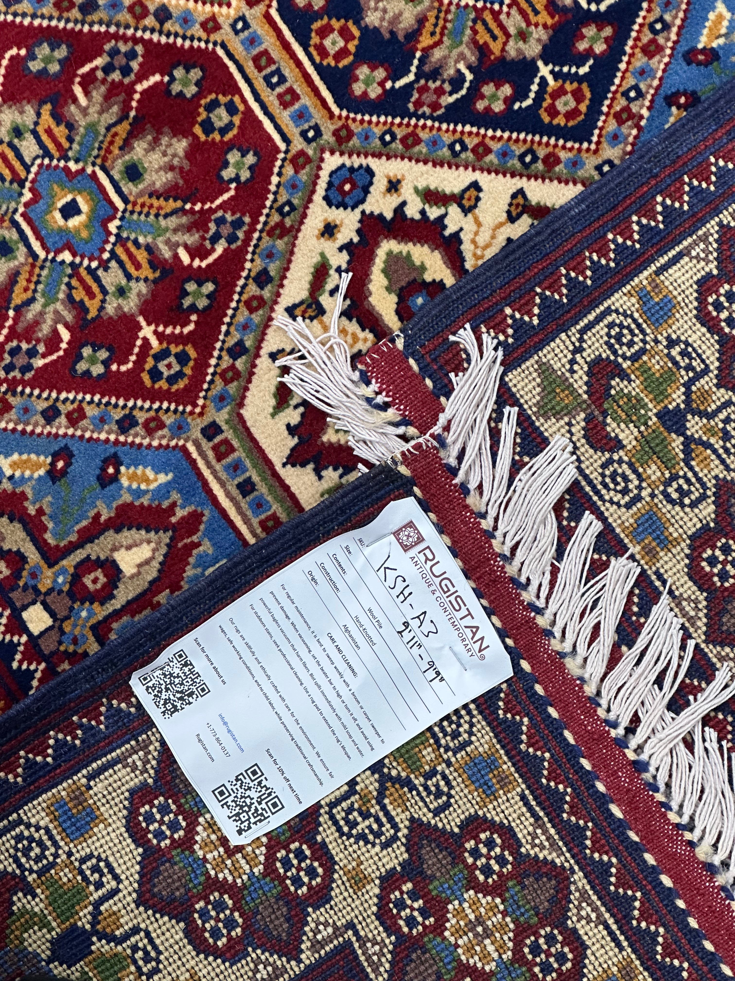 Afghan Kashi Runner 2'11" x 9'9", Hand-Knotted Wool, Cream, Red & Blue, view 4