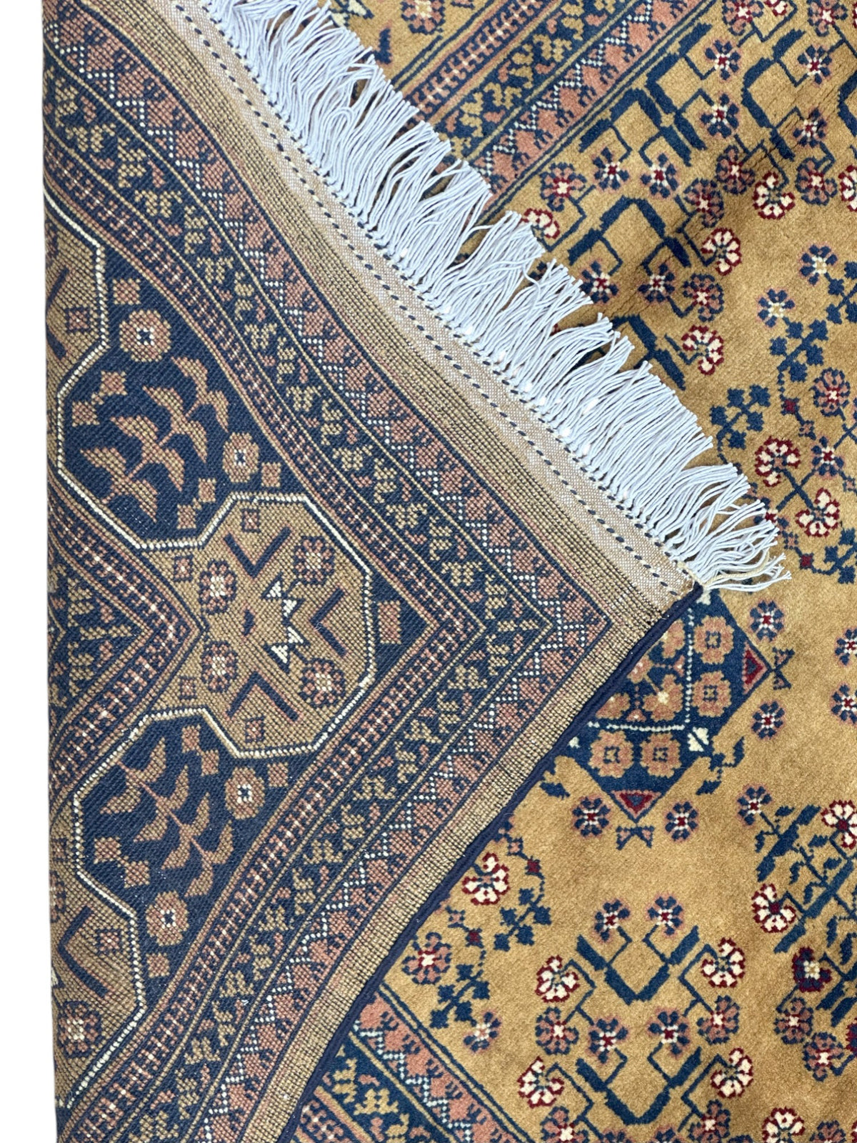 Afghan Bukhara Rug 6'6" x 9'8", Hand-Knotted Wool, Gold & Blue, view 3