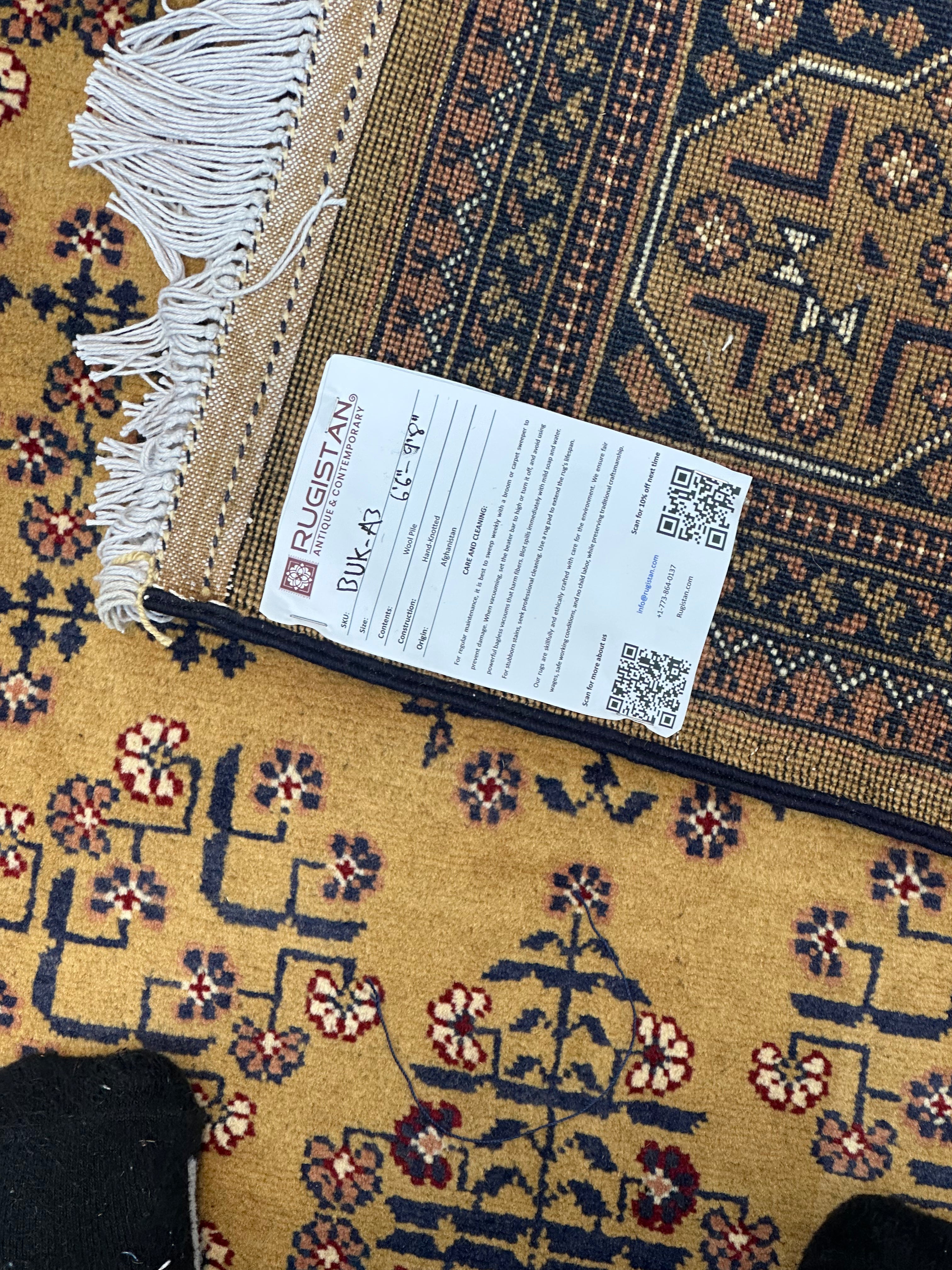 Afghan Bukhara Rug 6'6" x 9'8", Hand-Knotted Wool, Gold & Blue, view 4