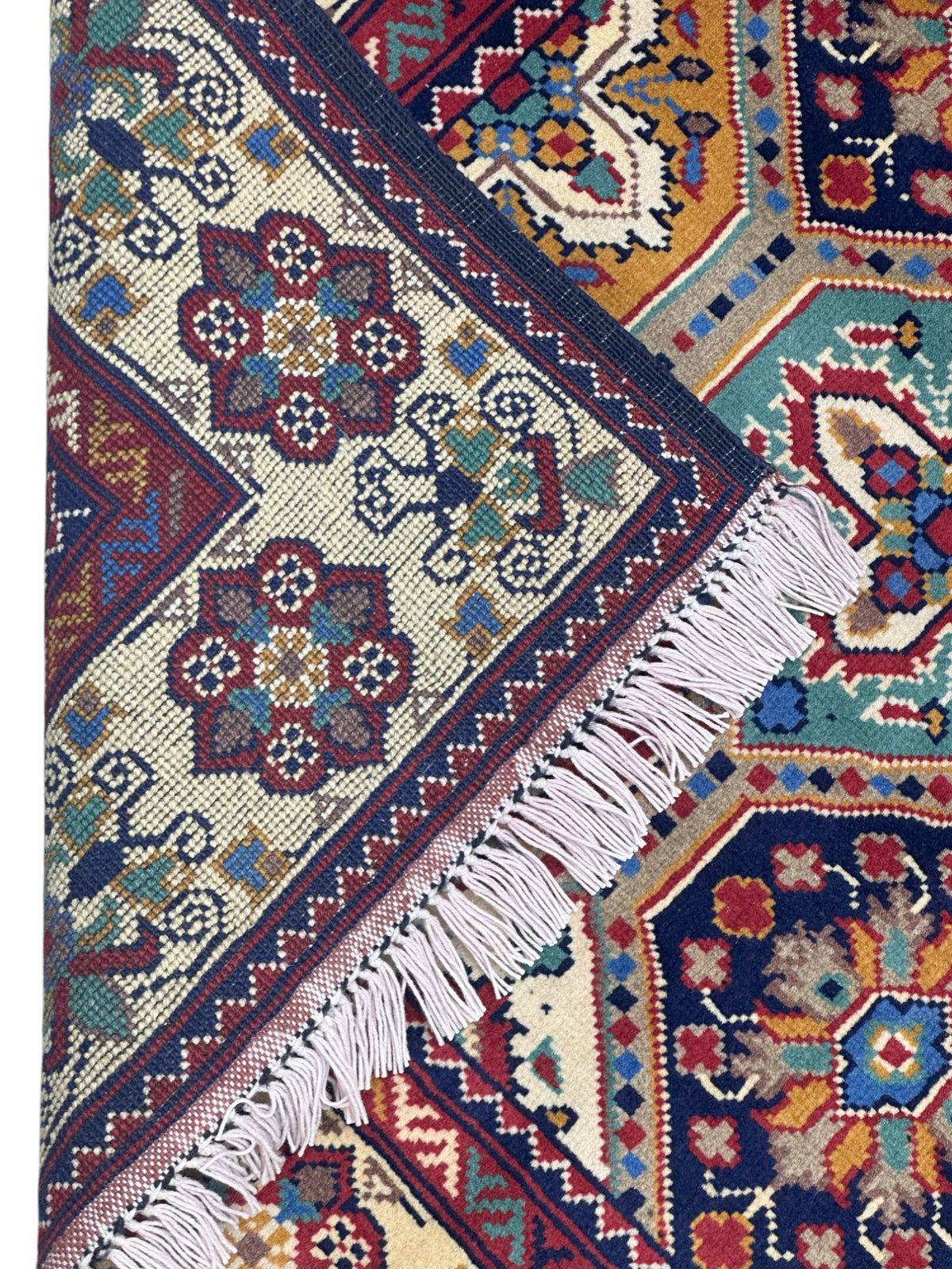 Afghan Kashi Runner 3' x 9'7", Hand-Knotted Wool, Cream, Red & Blue, view 3