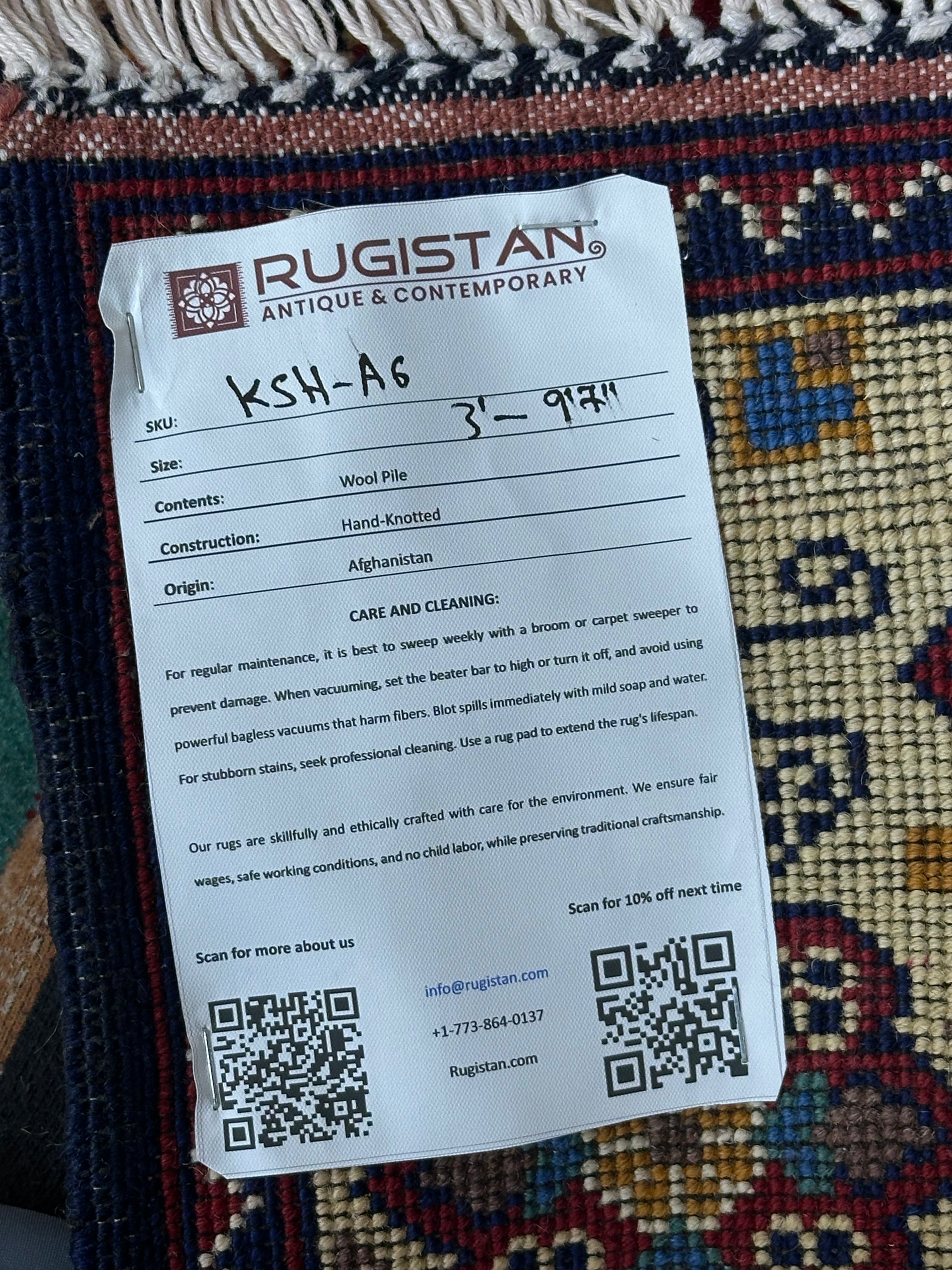 Afghan Kashi Runner 3' x 9'7", Hand-Knotted Wool, Cream, Red & Blue, view 4