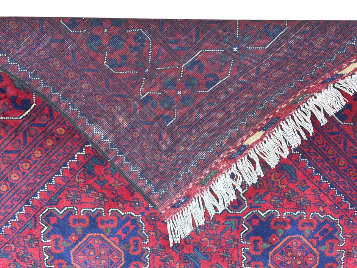 Afghan Khamyab Rug 6'7" x 9'10", Hand-Knotted Wool, Red & Blue, view 3