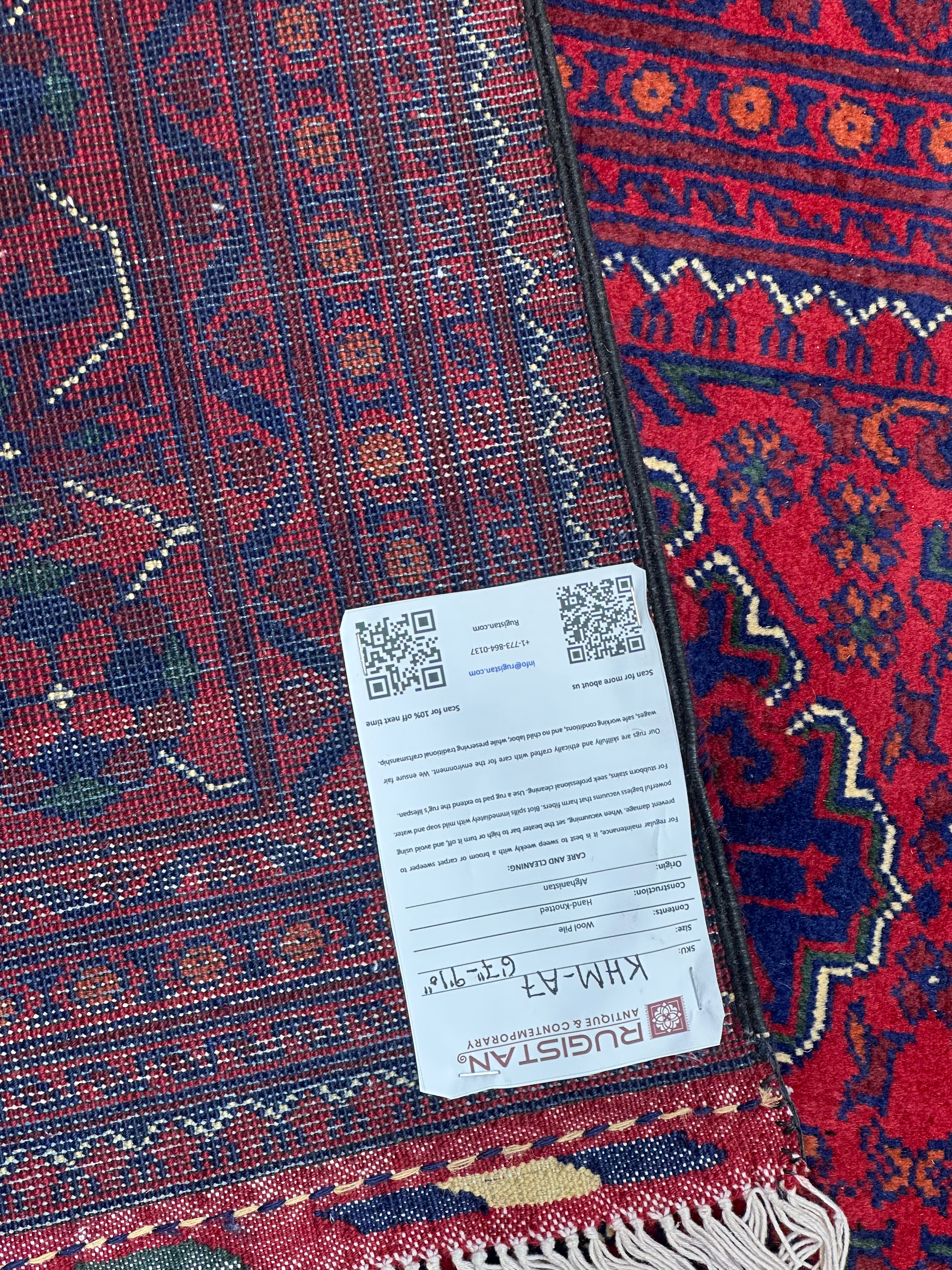 Afghan Khamyab Rug 6'7" x 9'10", Hand-Knotted Wool, Red & Blue, view 4