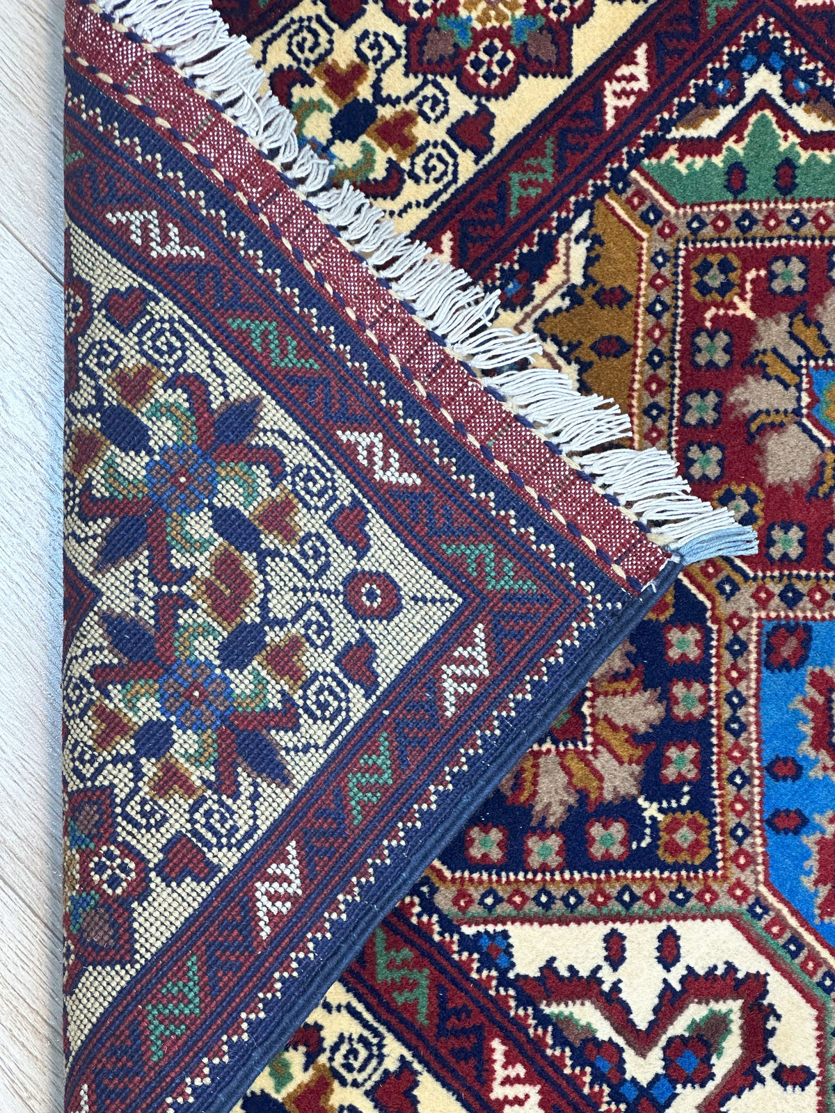 Afghan Kashi Runner 2'10" x 6'6", Hand-Knotted Wool, Cream & Blue, view 4