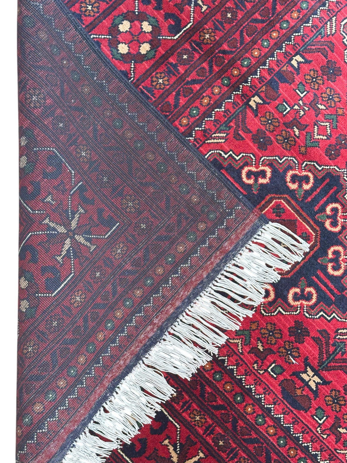 Afghan Khamyab Rug 6'6" x 9'6", Hand-Knotted Wool, Red & Blue, view 3