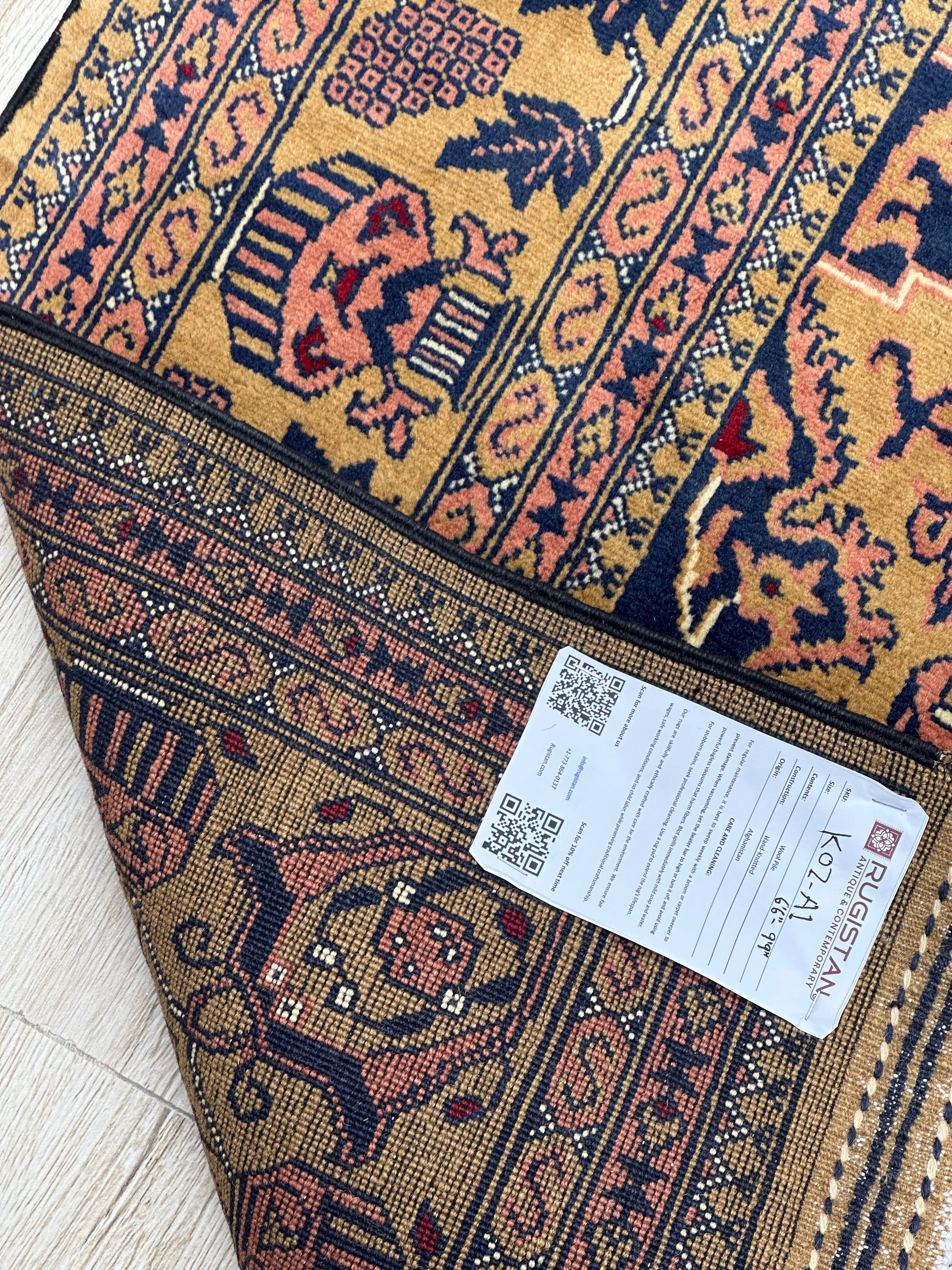Afghan Rug 7x10, Gold, Navy & Pink, Hand-Knotted Wool, view 4