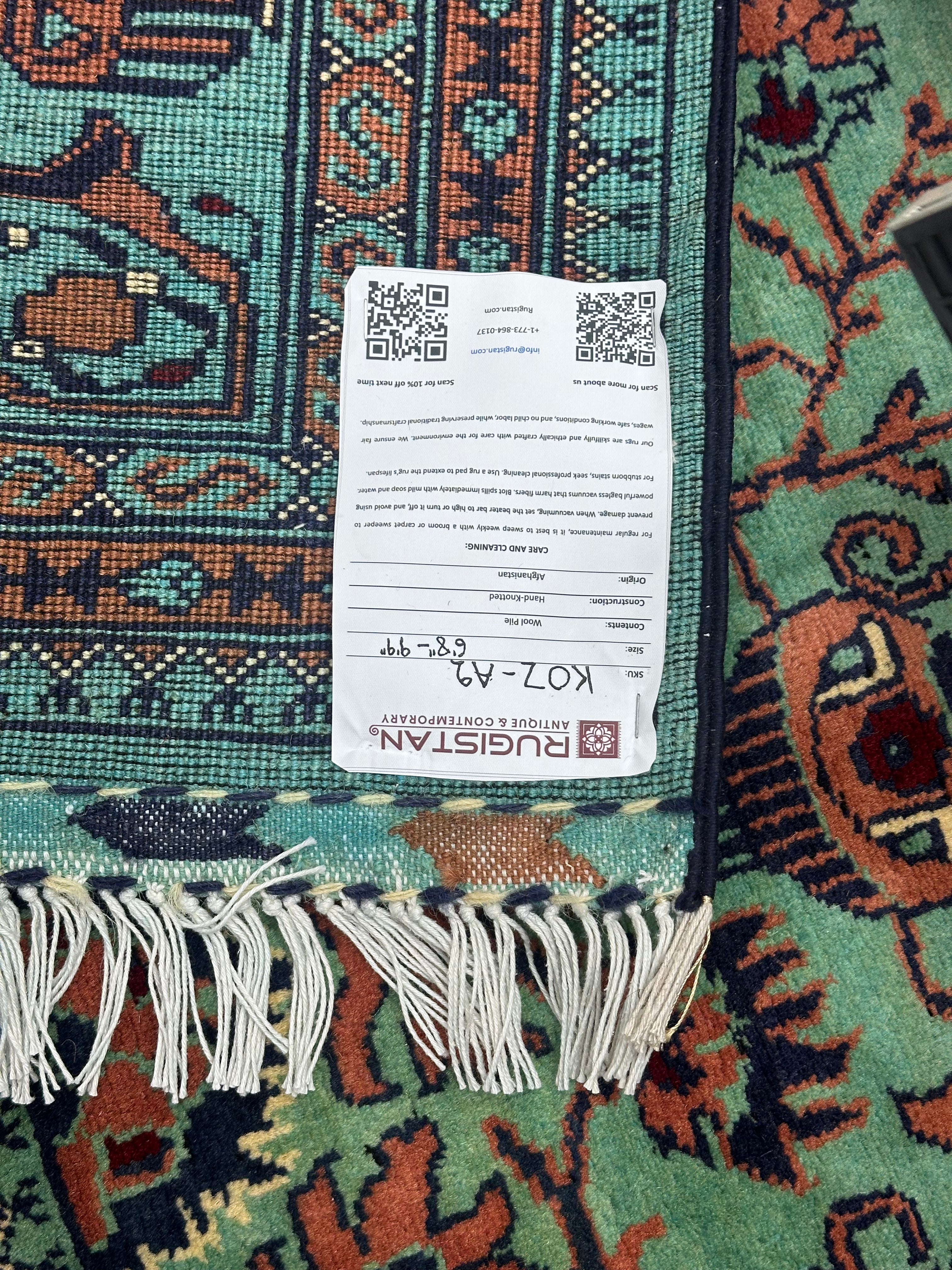 Afghan Rug 7x10, Teal, Navy & Rust, Hand-Knotted Wool, view 4