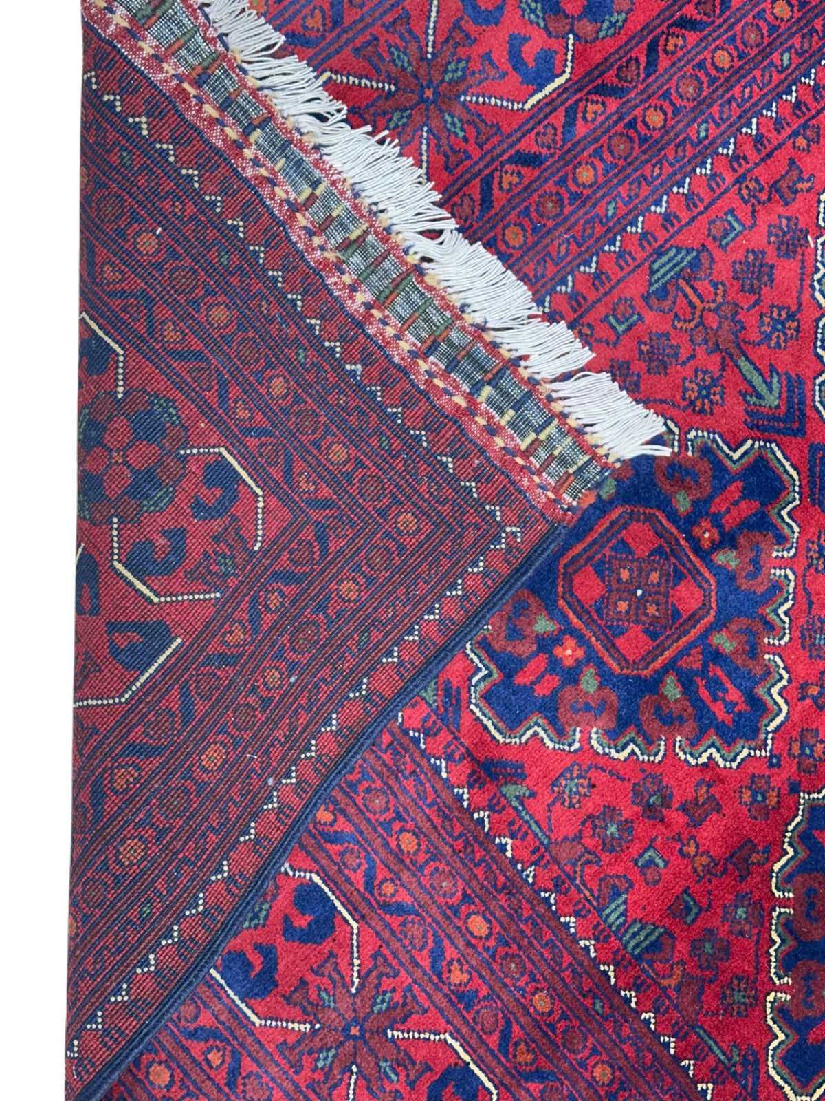 Afghan Khamyab Rug 6'8" x 9'10", Hand-Knotted Wool, Red & Blue, view 3