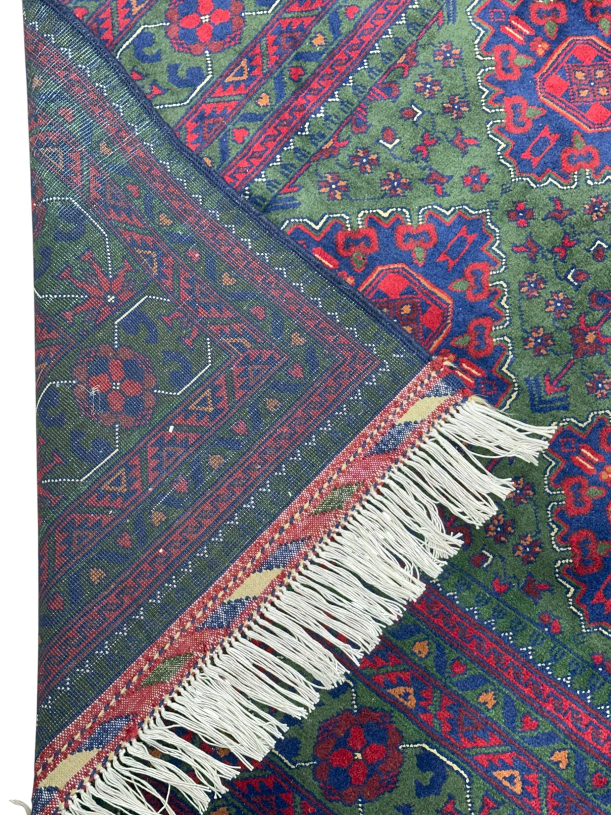 Afghan Khamyab Rug 6'7" x 9'9", Hand-Knotted Wool, Green, Red & Blue, view 3