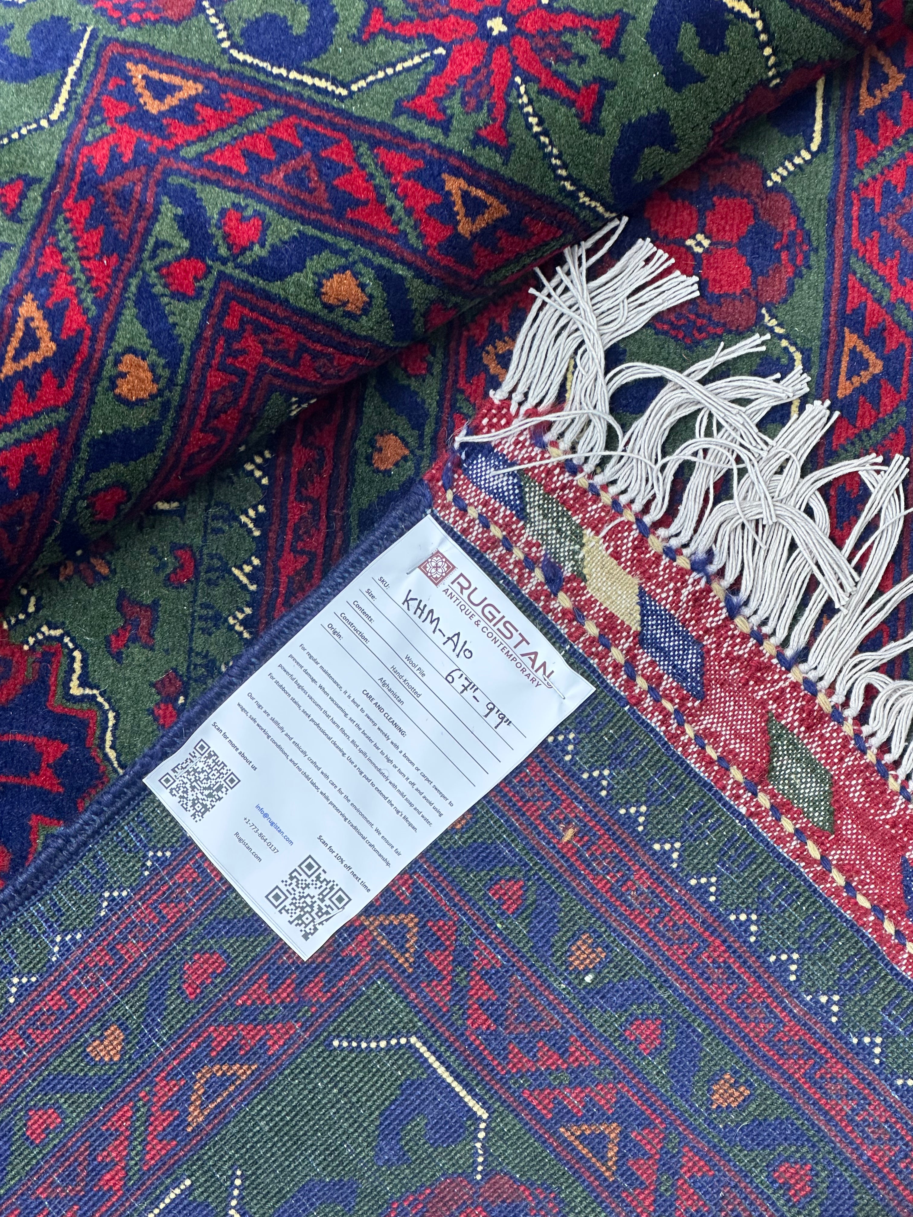 Afghan Khamyab Rug 6'7" x 9'9", Hand-Knotted Wool, Green, Red & Blue, view 4