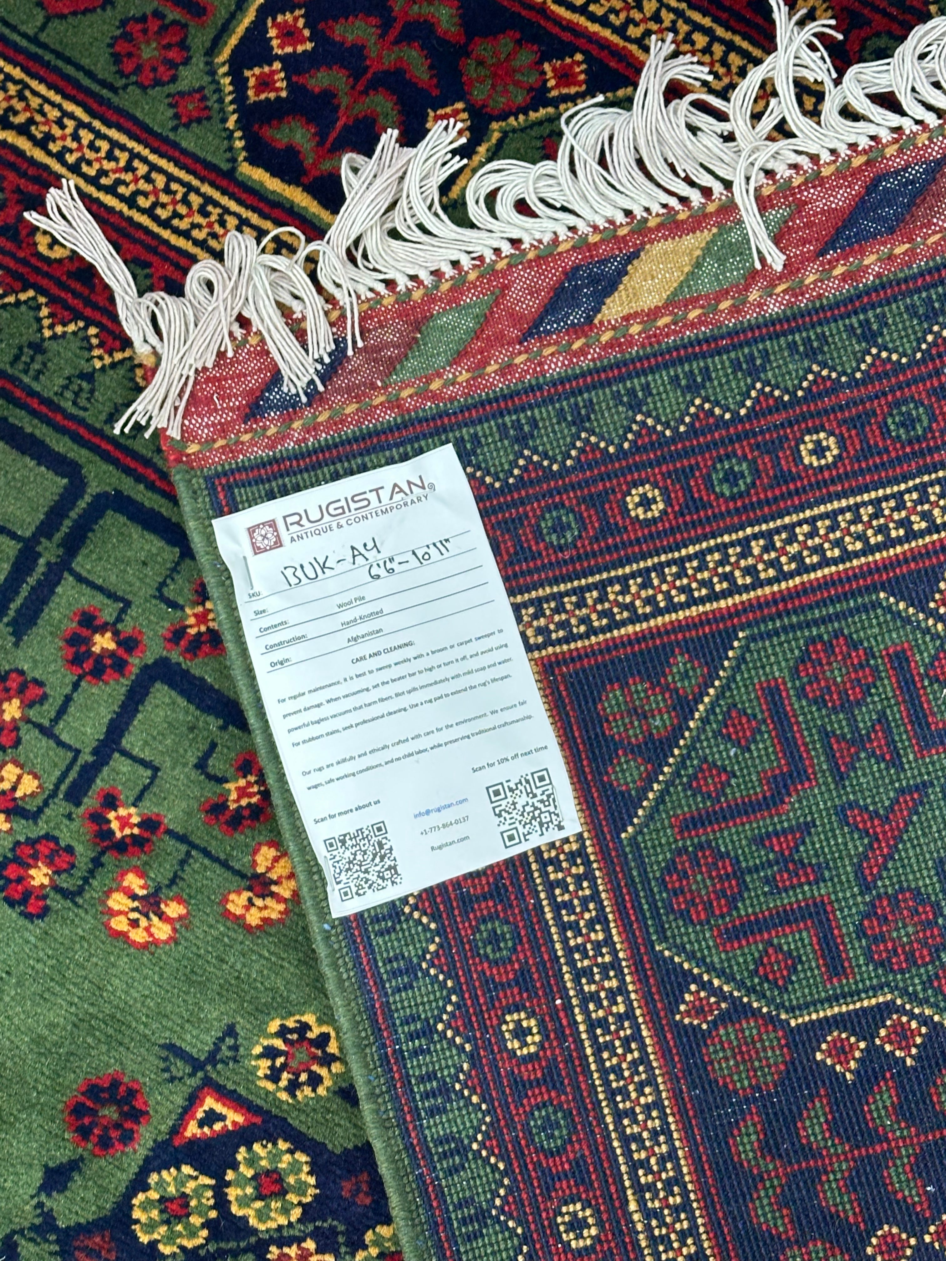 Afghan Turkmen Rug 7x11, Green, Burgundy & Navy, Hand-Knotted Wool, view 4