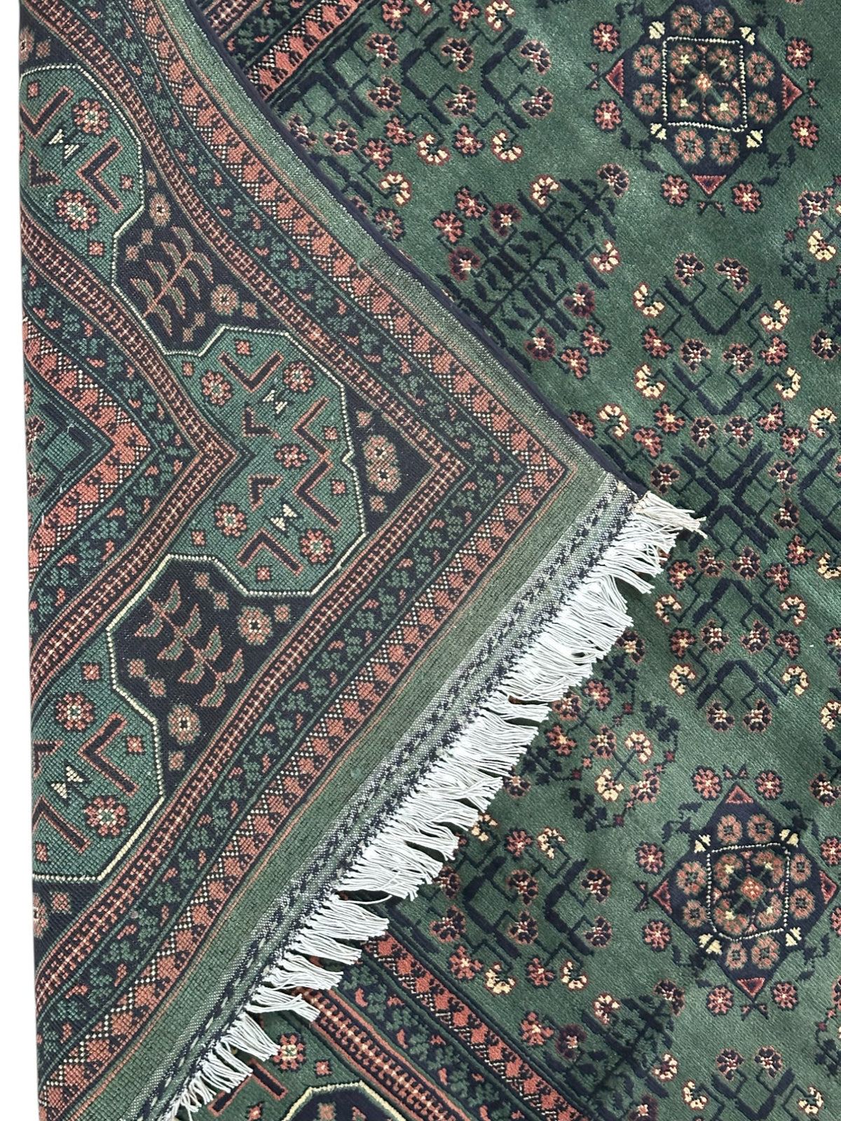 Afghan Turkmen Rug 7x10, Green, Navy & Rust, Hand-Knotted Wool, view 3