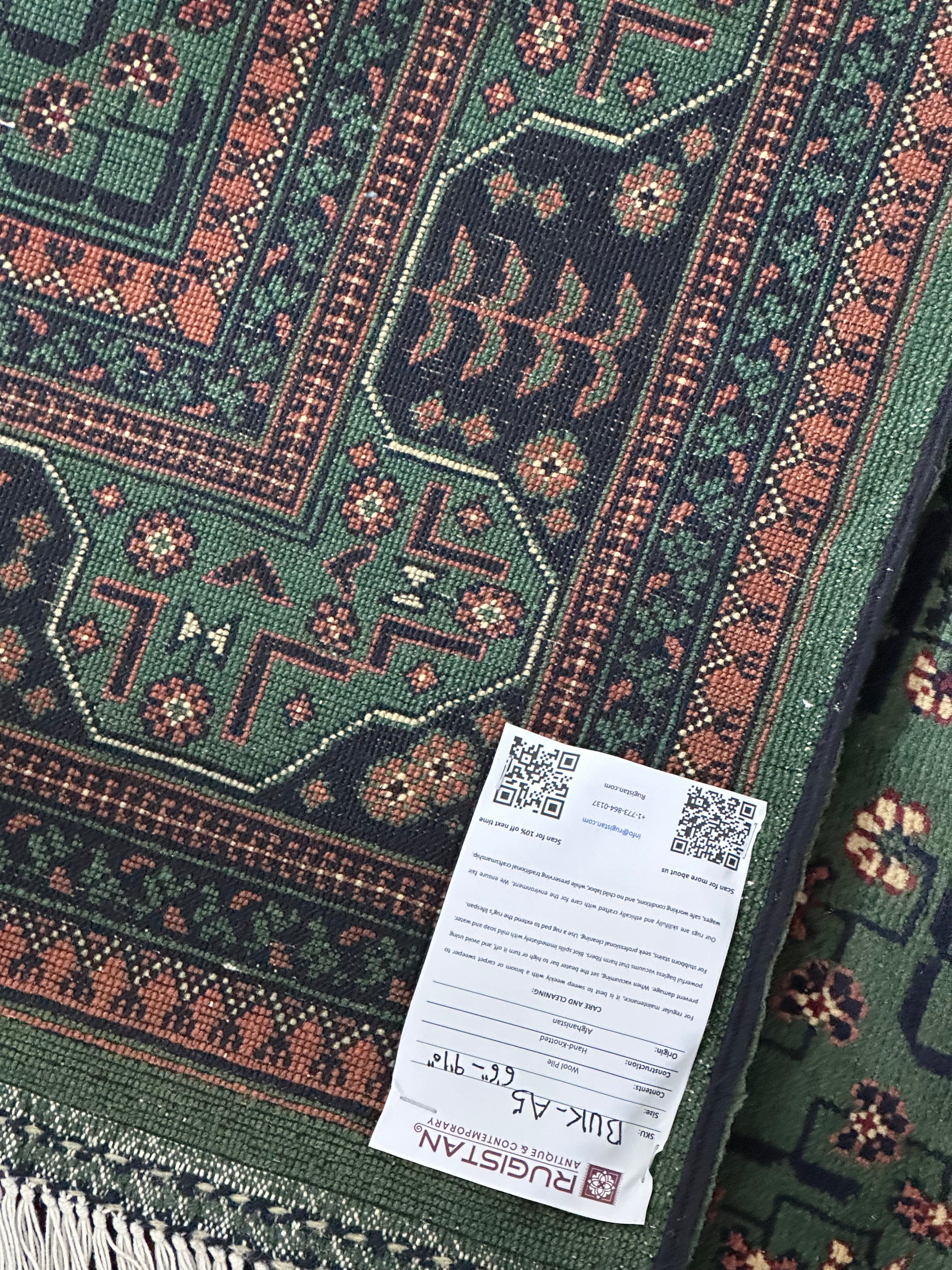 Afghan Turkmen Rug 7x10, Green, Navy & Rust, Hand-Knotted Wool, view 4