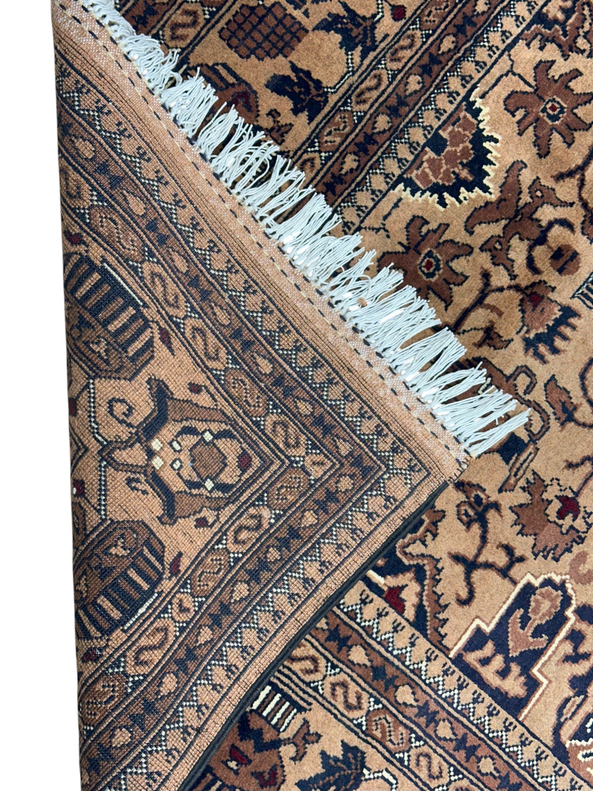 Afghan Rug 7x9, Beige, Navy & Brown, Hand-Knotted Wool, view 3