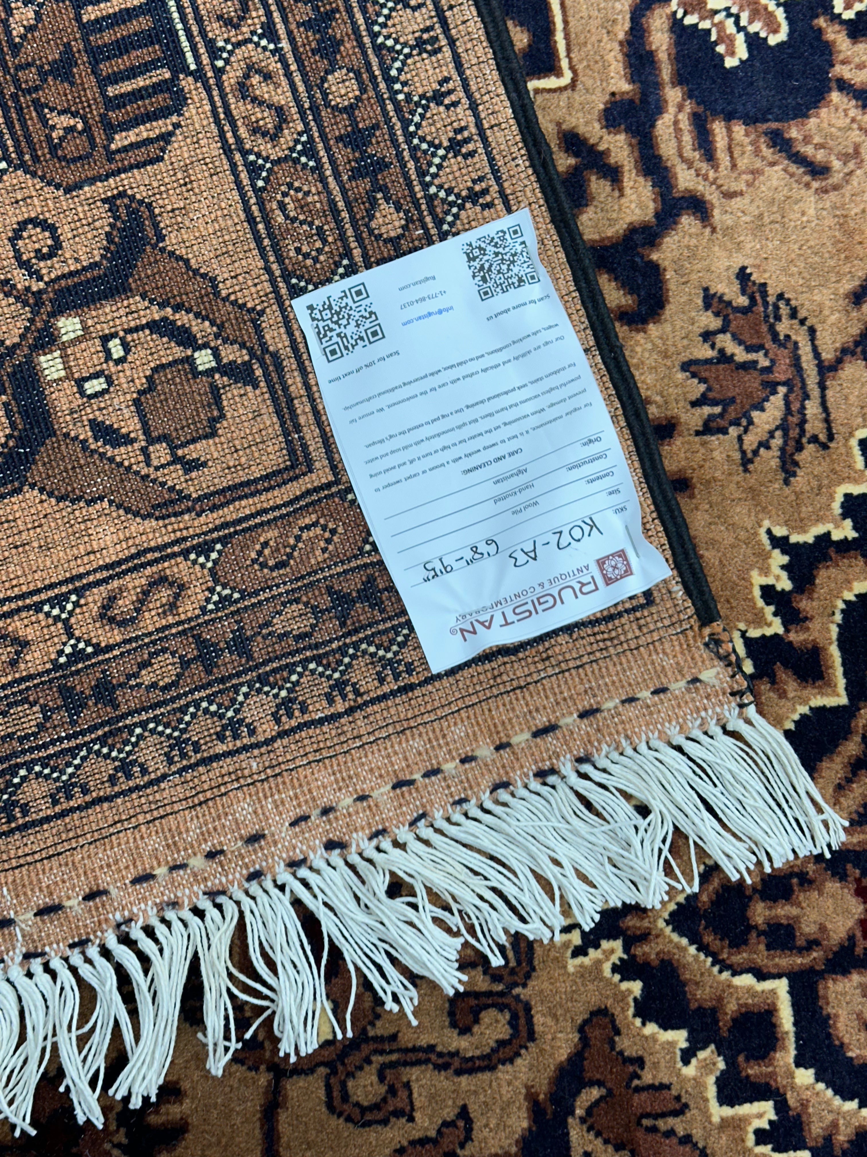 Afghan Rug 7x9, Beige, Navy & Brown, Hand-Knotted Wool, view 4