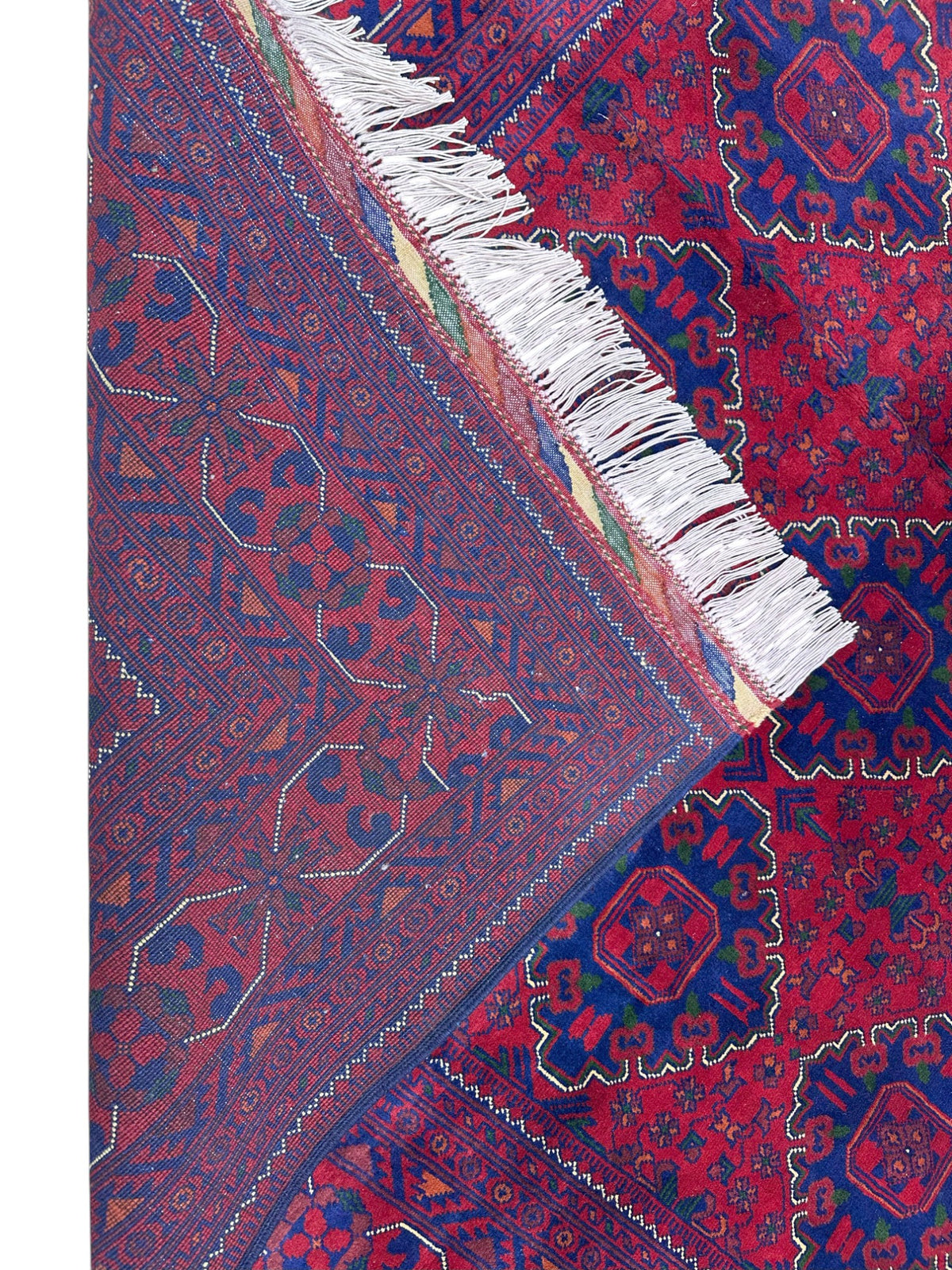 Afghan Khamyab Rug 6'8" x 9'11", Hand-Knotted Wool, Red & Blue, view 3