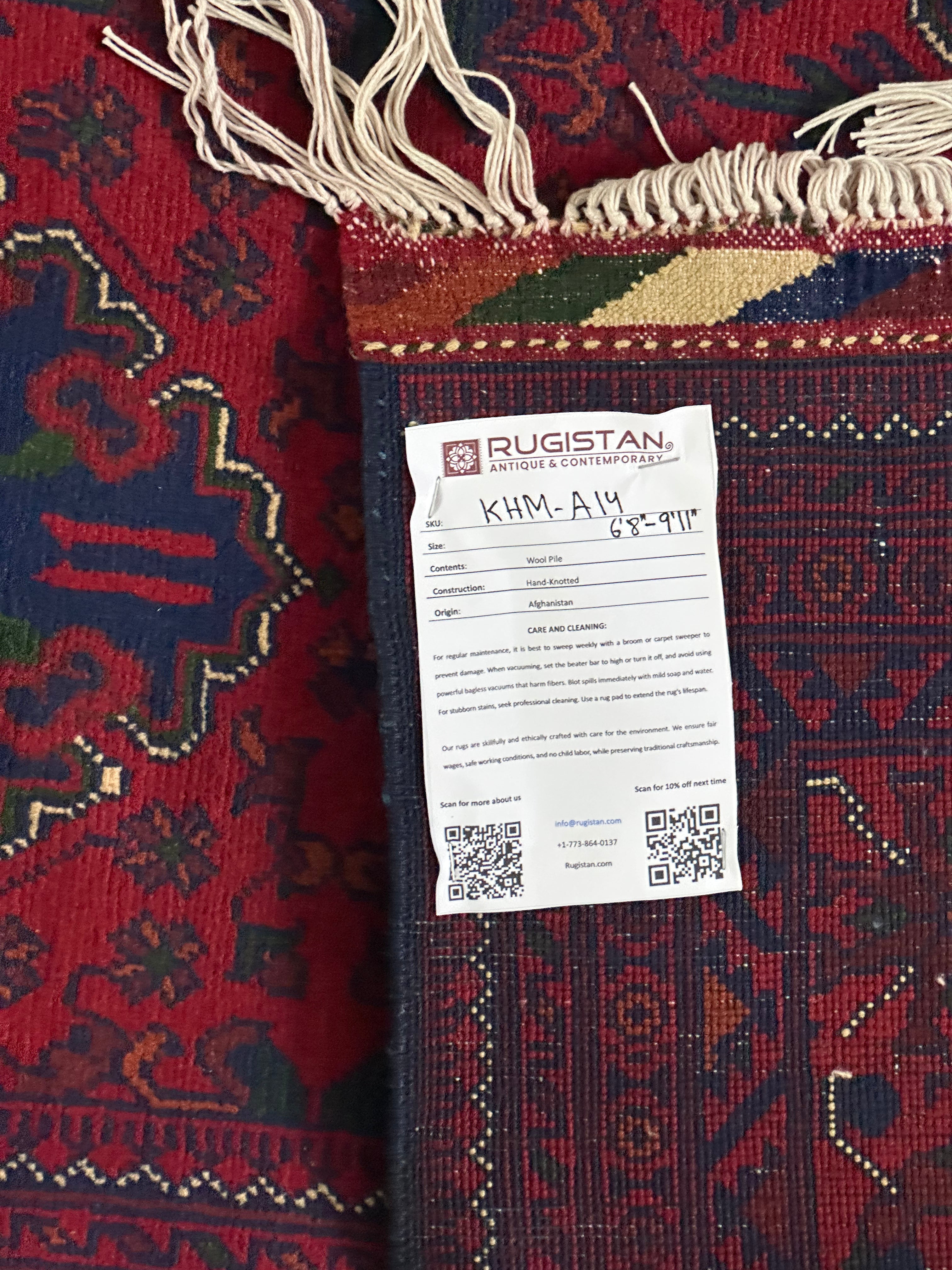 Afghan Khamyab Rug 6'8" x 9'11", Hand-Knotted Wool, Red & Blue, view 4