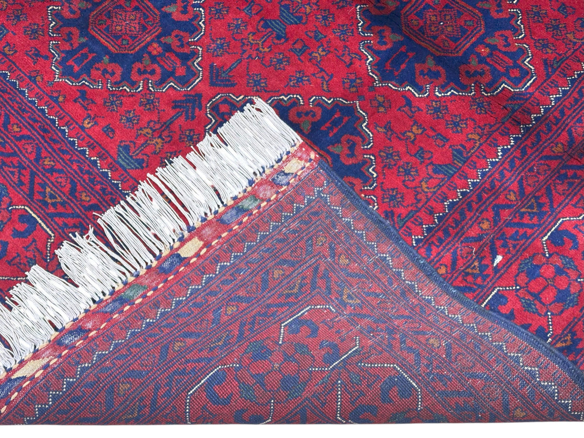 Afghan Khamyab Rug 6'8" x 9'6", Hand-Knotted Wool, Red & Blue, view 3