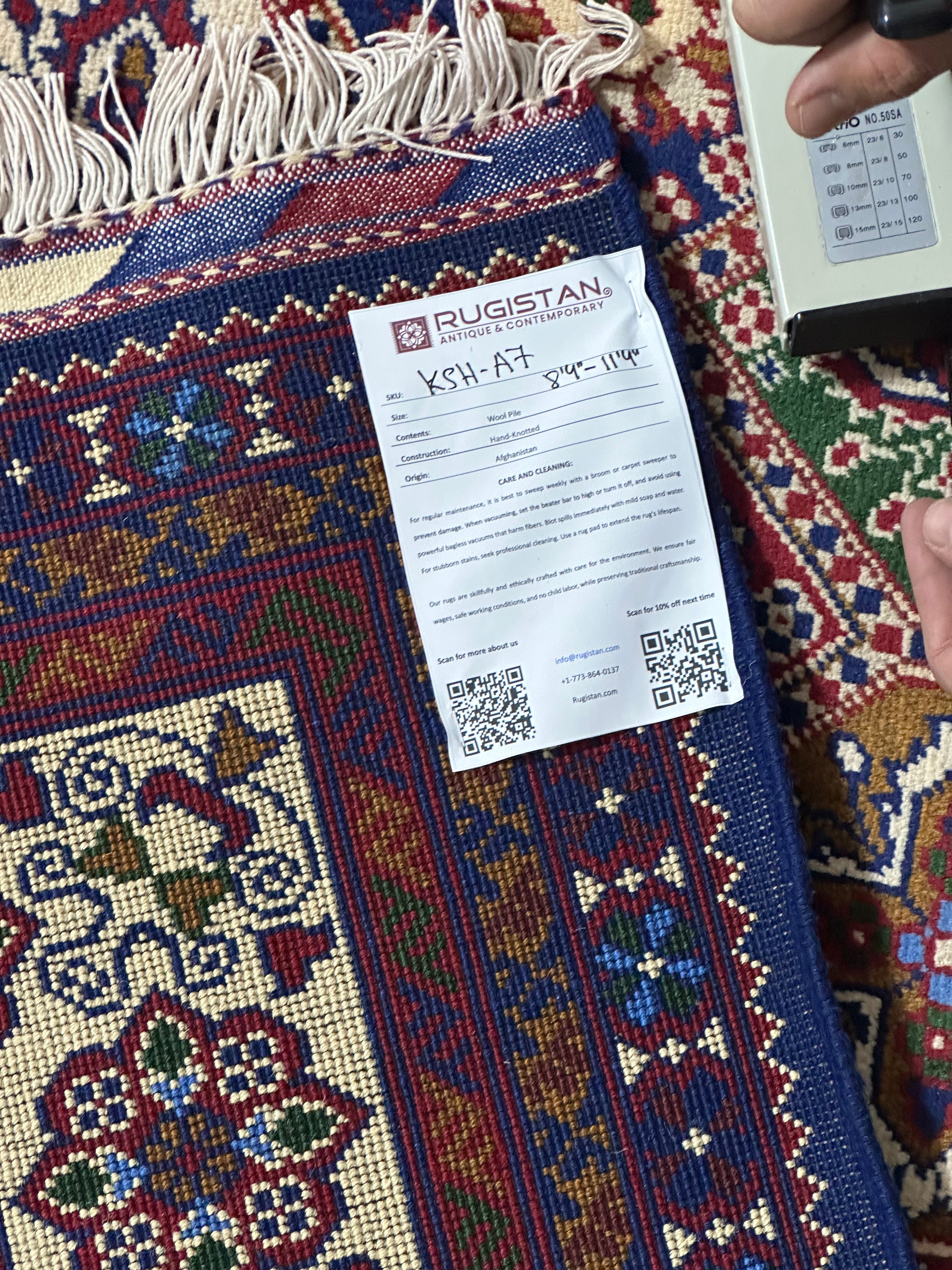Afghan Rug 8x11, Navy, Red & Light Blue, Hand-Knotted Wool, view 4