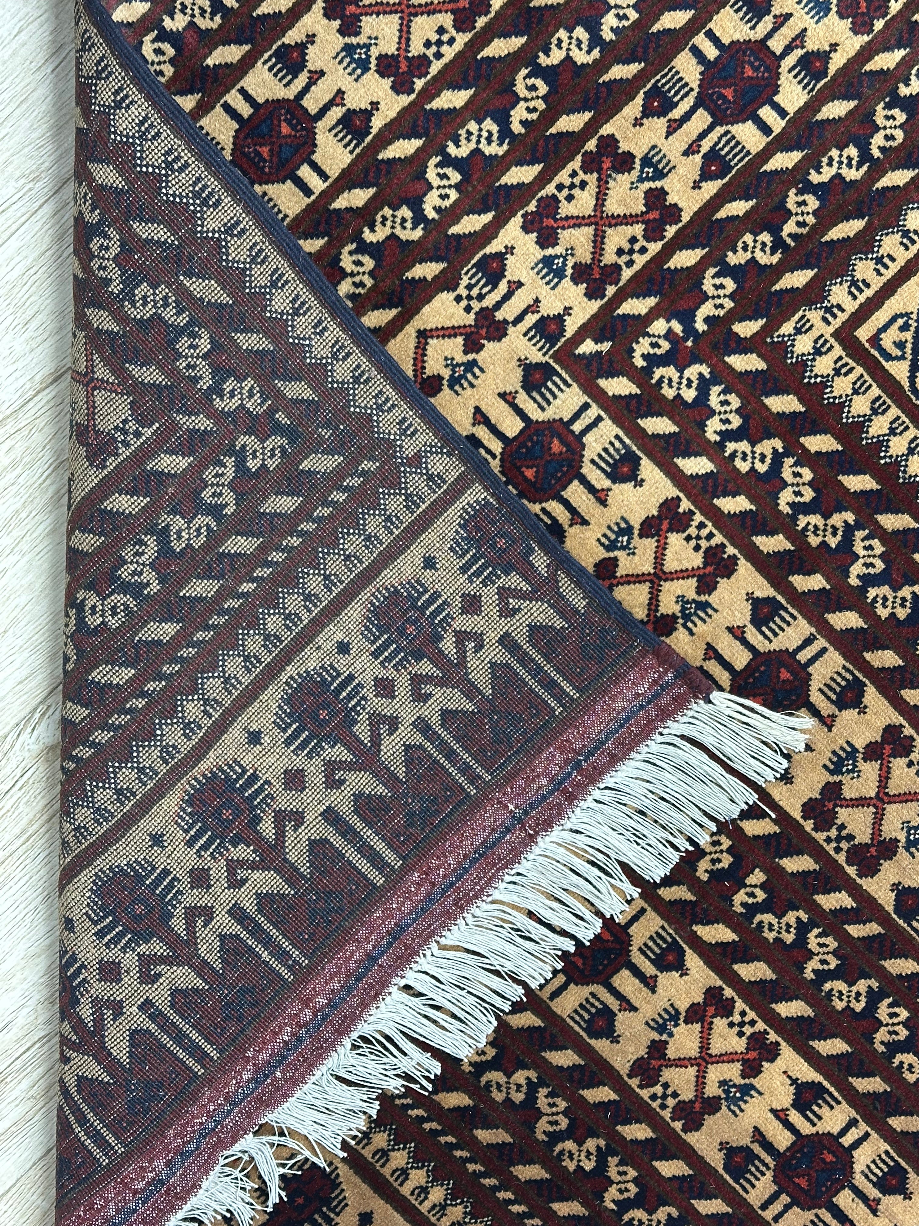 Afghan Turkmen Rug 9x11, Beige, Brown & Burgundy, Hand-Knotted Wool, view 3