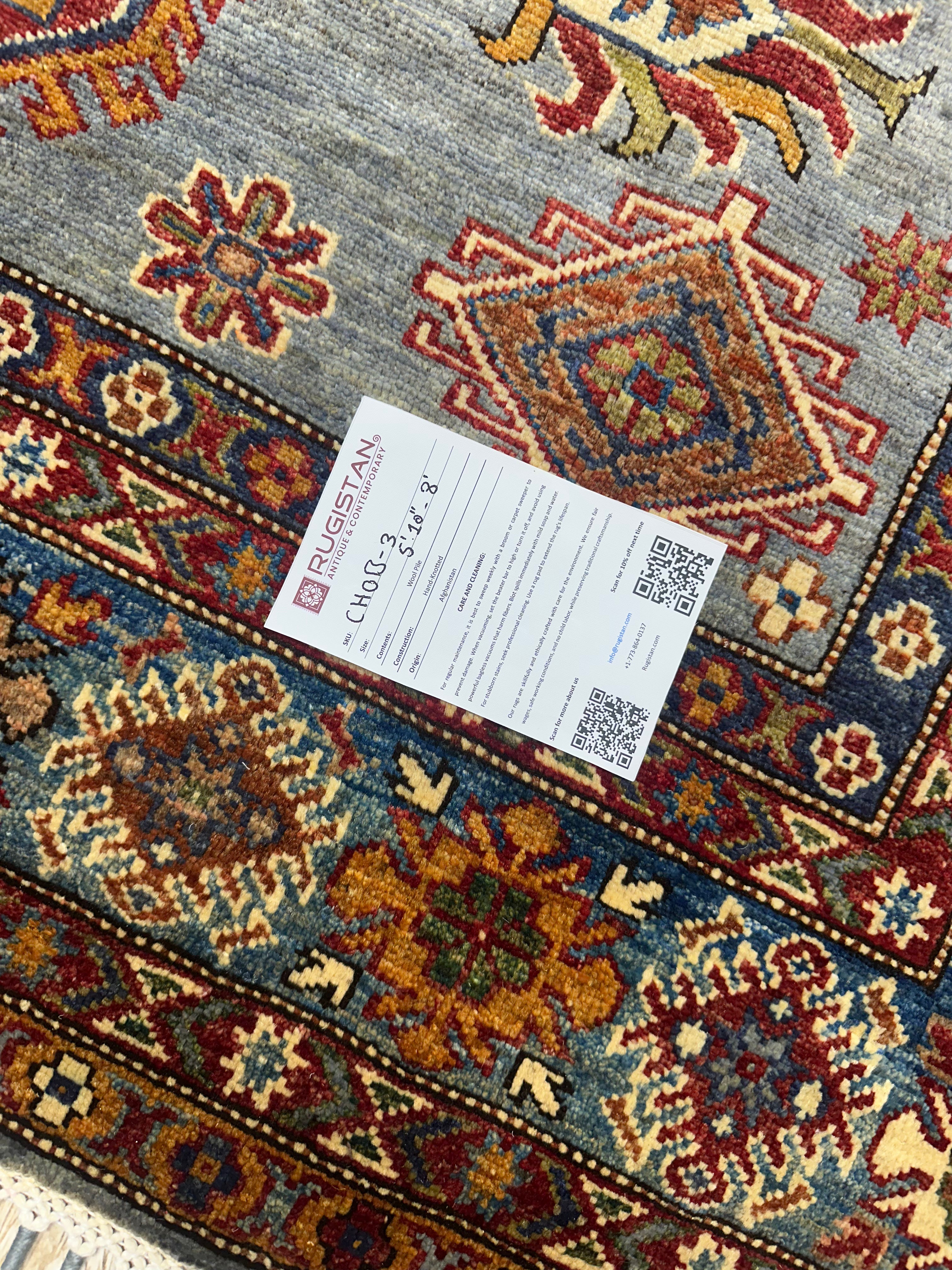Afghan Kazak Rug 5'10" x 8', Hand-Knotted Wool, Blue, view 4