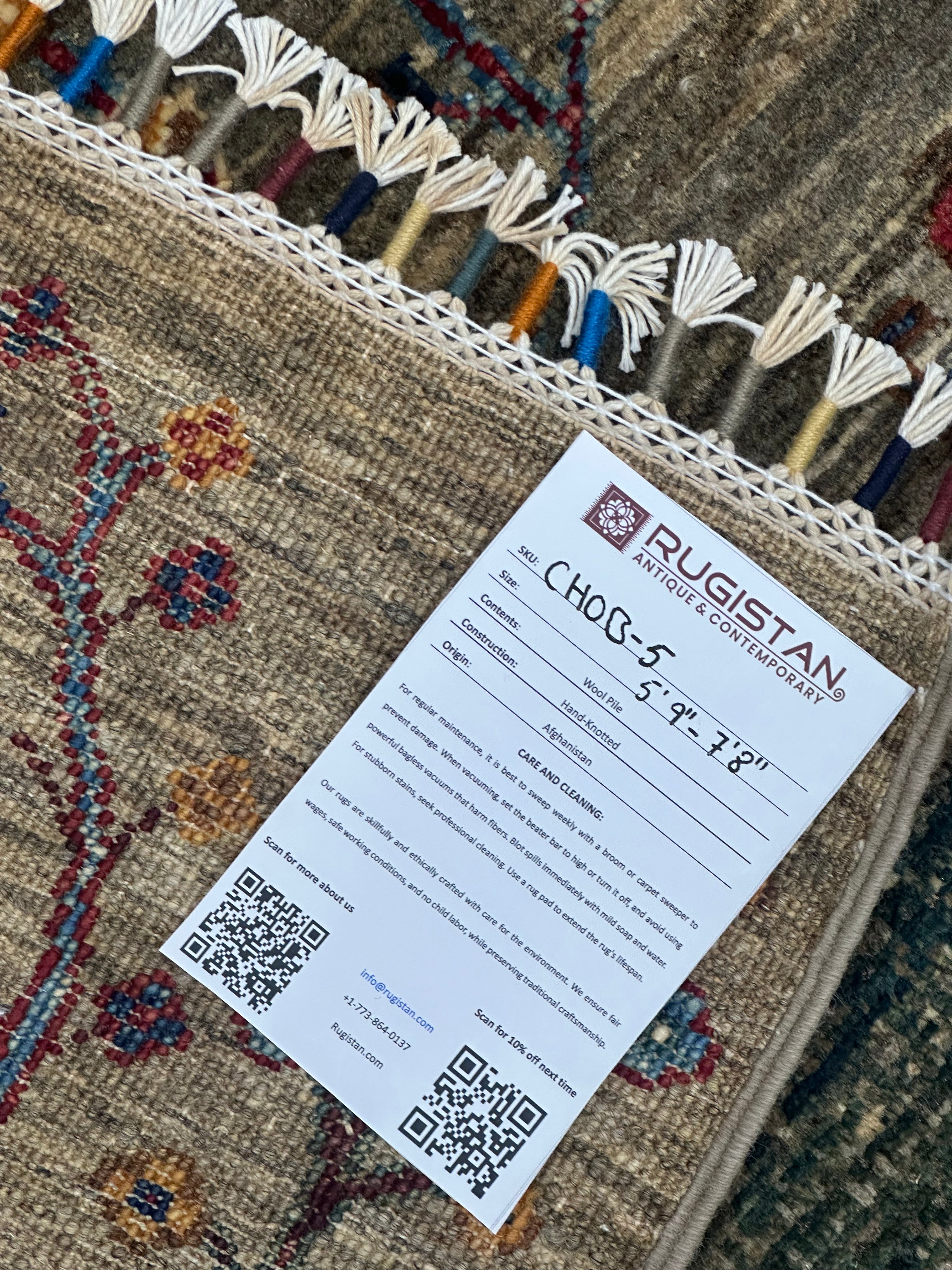 Afghan Rug 6x8, Green, Light Blue & Gray, Hand-Knotted Wool, view 4