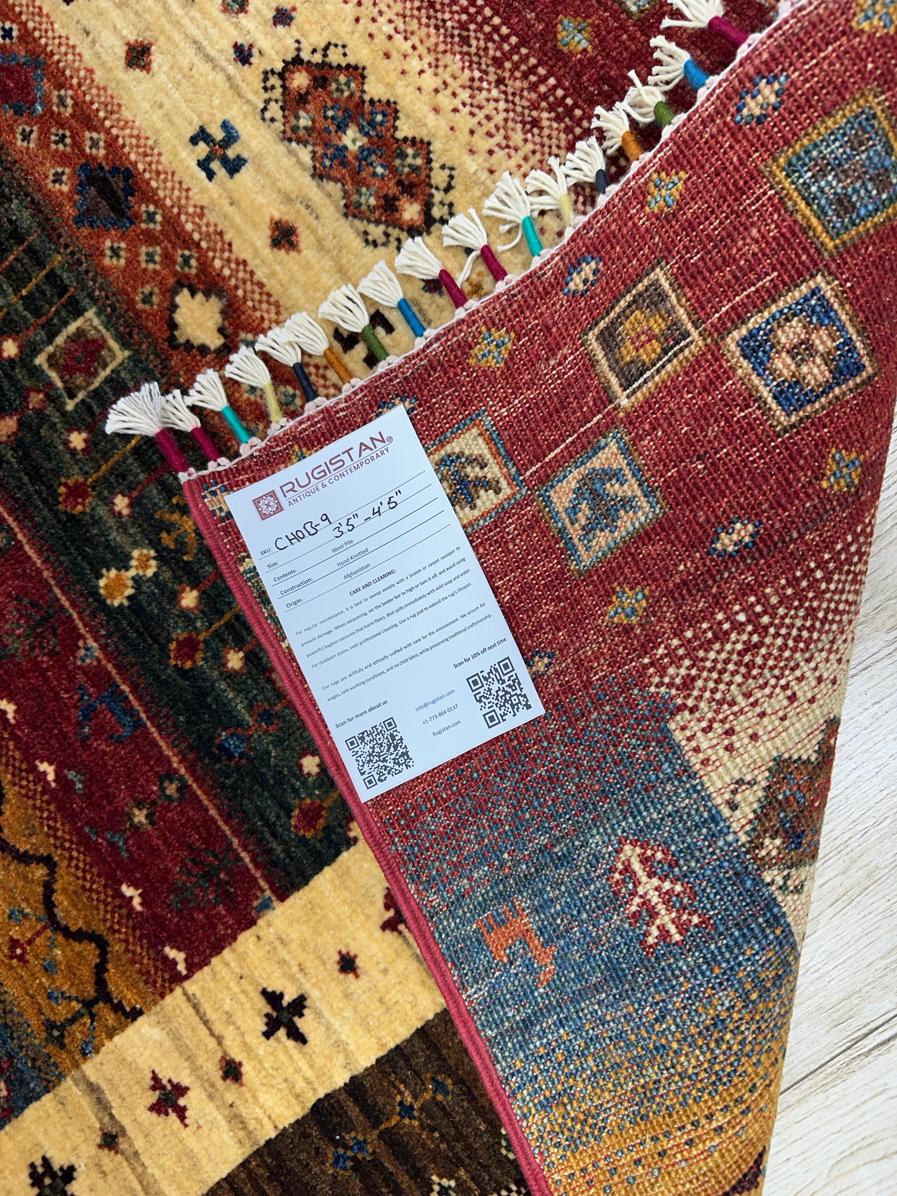 Afghan Gabbeh Rug 3'5" x 4'5", Hand-Knotted Wool, Cream & Red, view 4