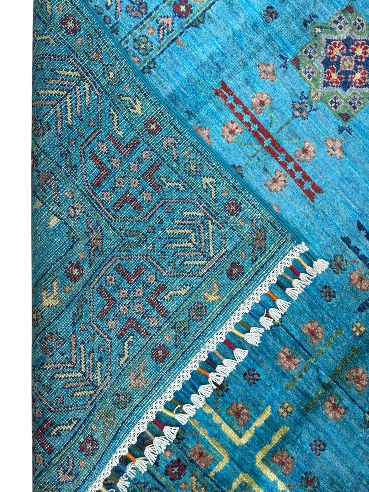 Afghan Bukhara Rug 4'11" x 6'6", Hand-Knotted Wool, Blue, view 3