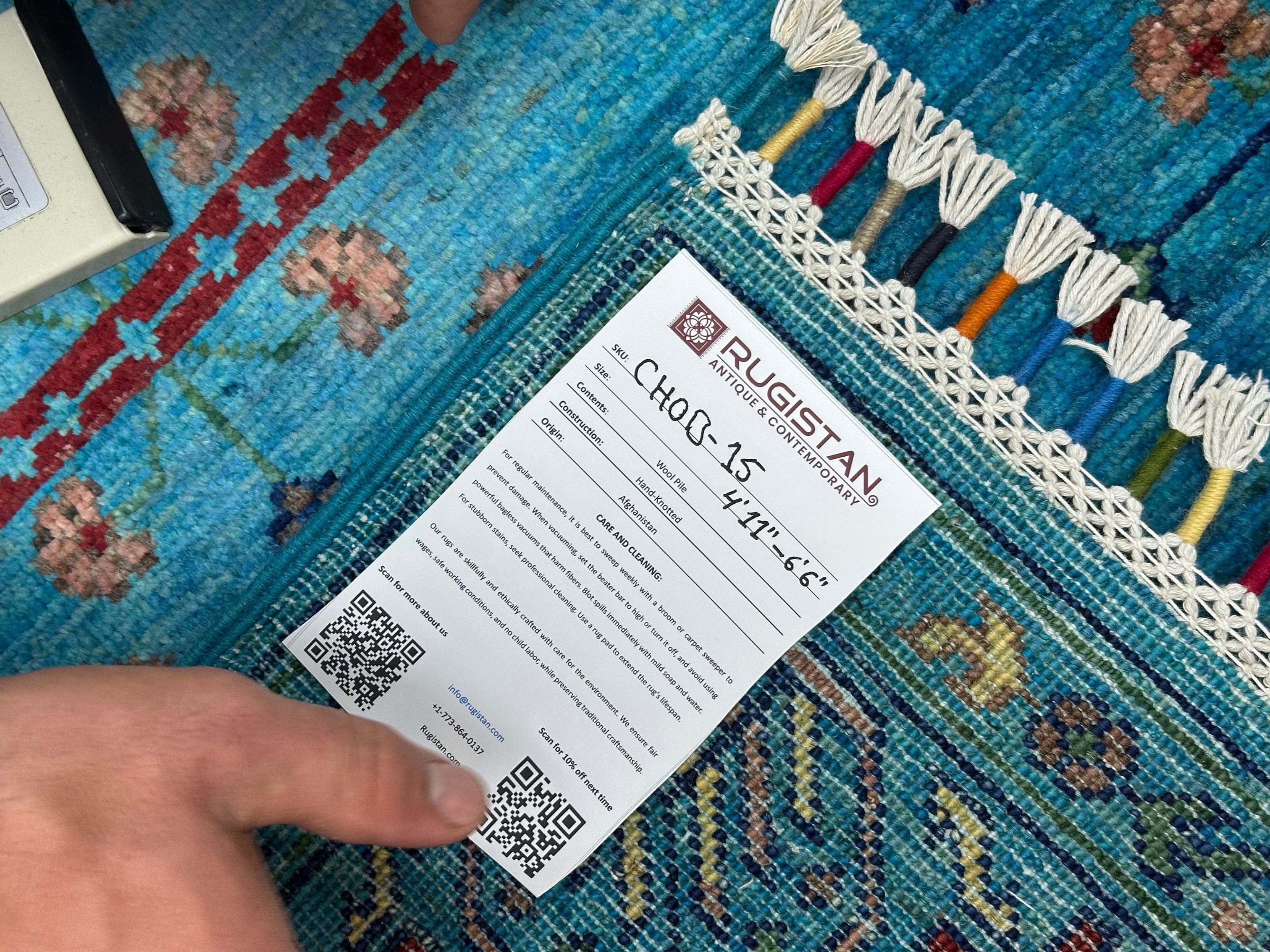 Afghan Bukhara Rug 4'11" x 6'6", Hand-Knotted Wool, Blue, view 4