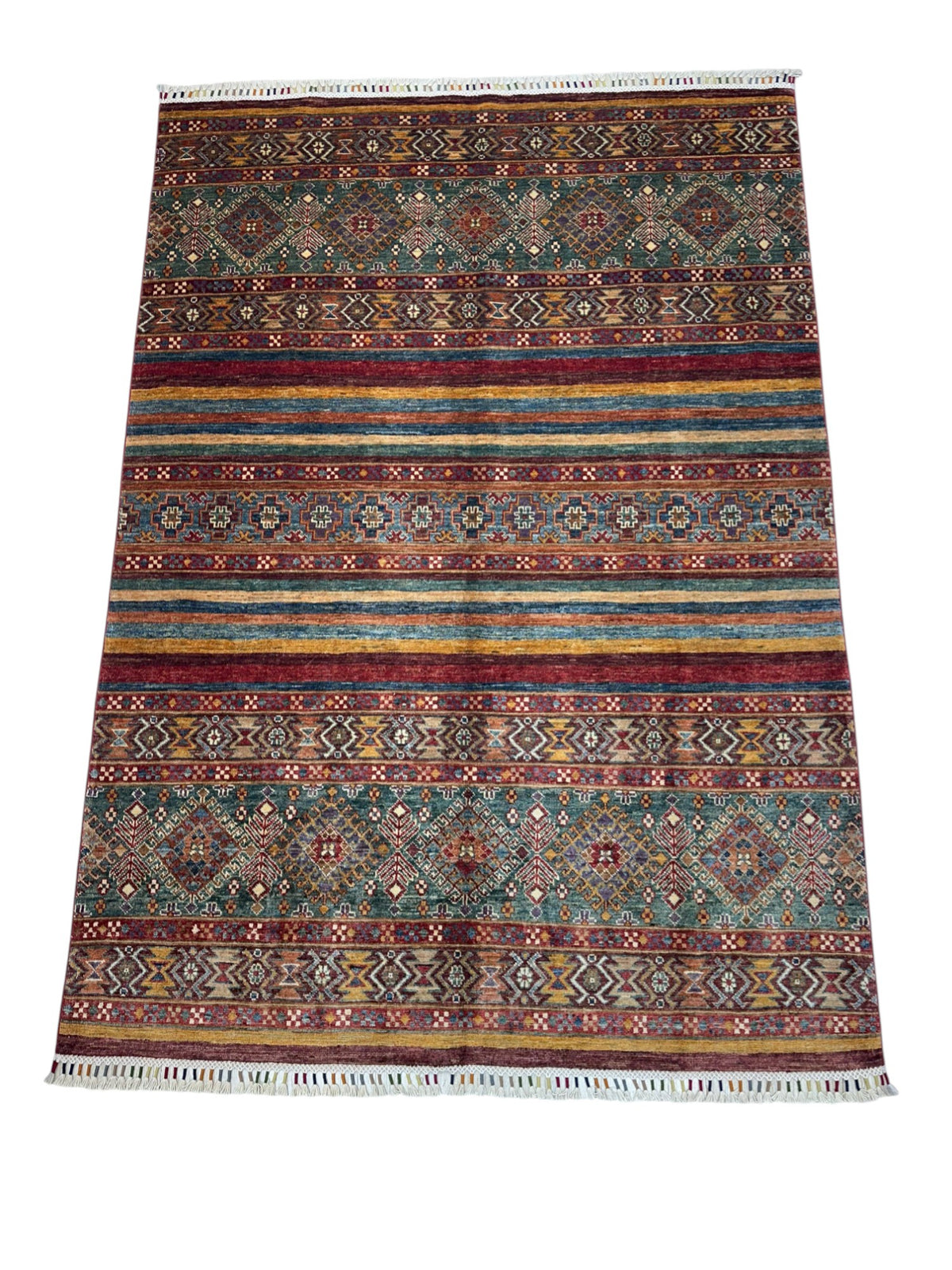 Afghan Khorjin Rug 4'11" x 6'10", Hand-Knotted Wool, Red, Blue & Green, view 10
