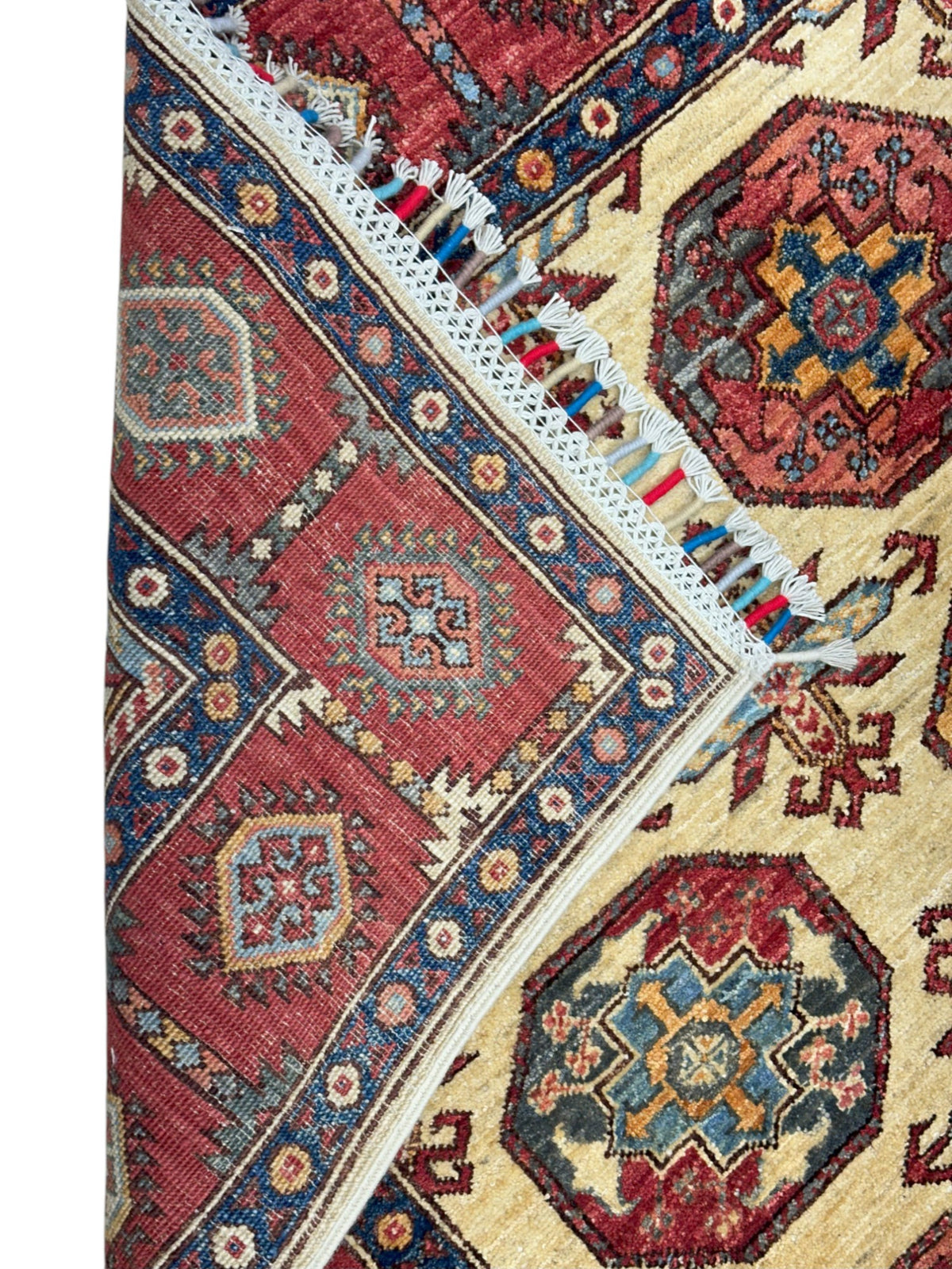 Afghan Bukhara Rug 4'10" x 6'9", Hand-Knotted Wool, Cream & Red, view 4